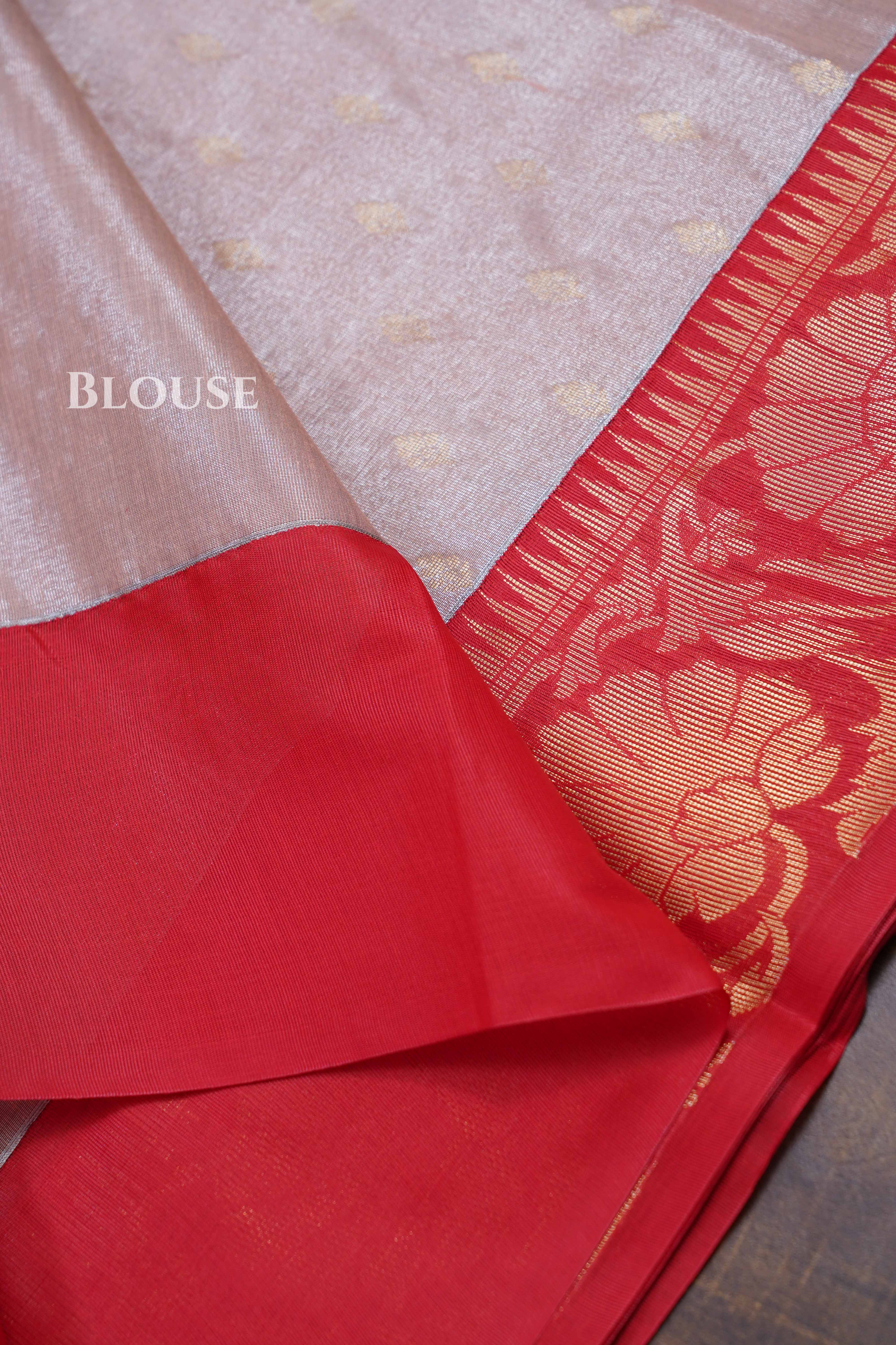 Peach Pink With Red Tissue Silk Cotton Saree