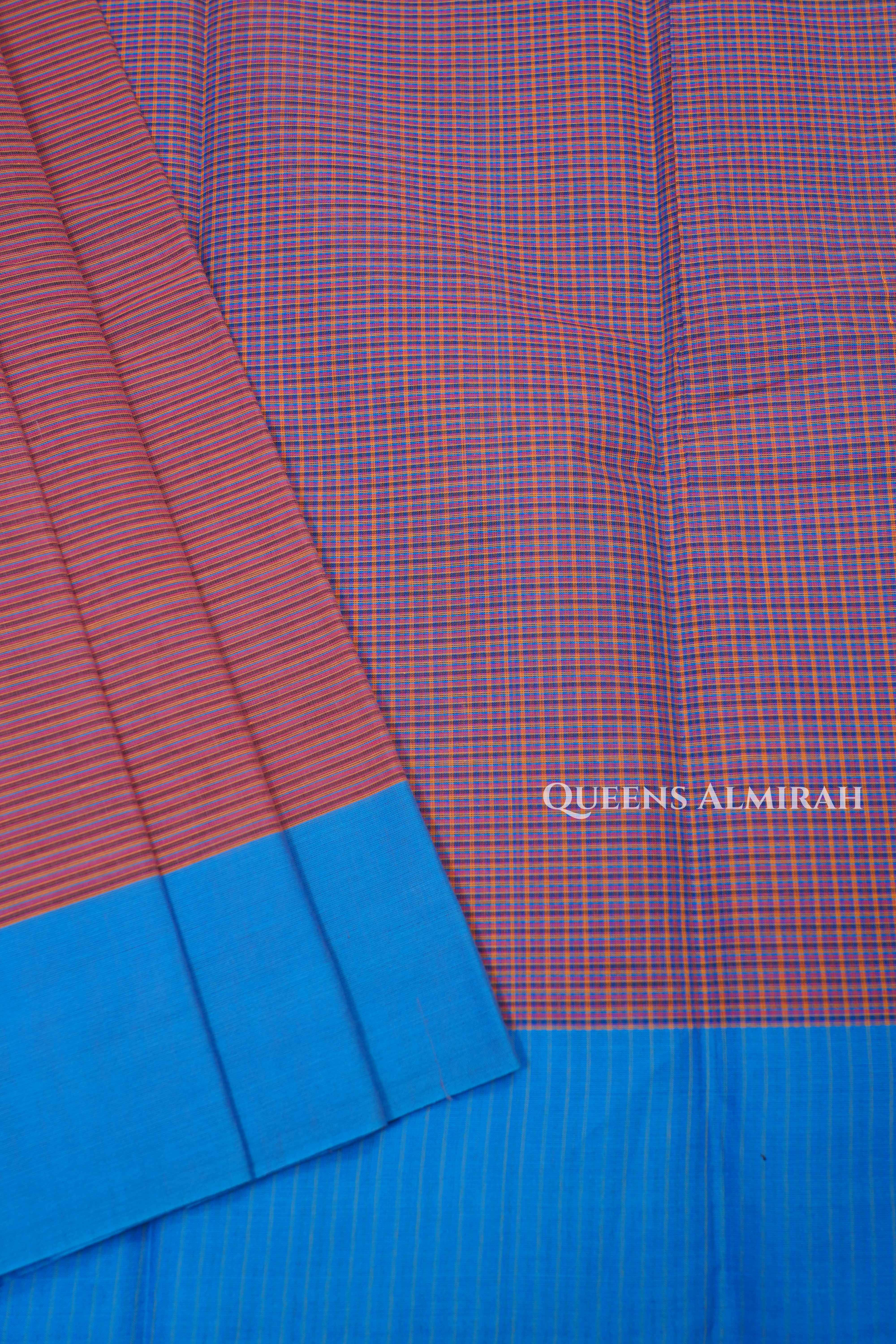 Brown With Blue Chettinad Cotton Saree