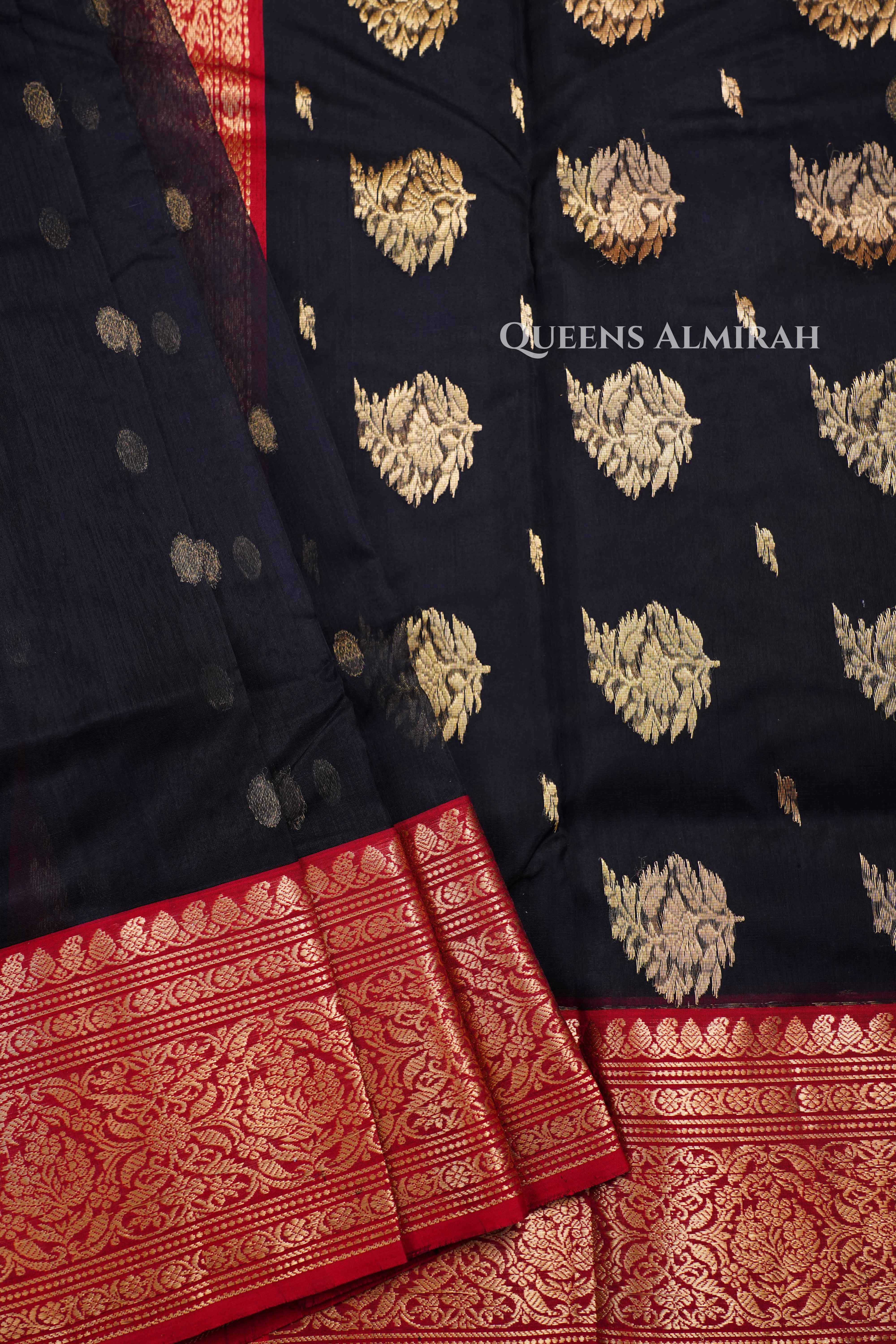 Black With Red Border Chanderi Katan Silk Handloom Saree