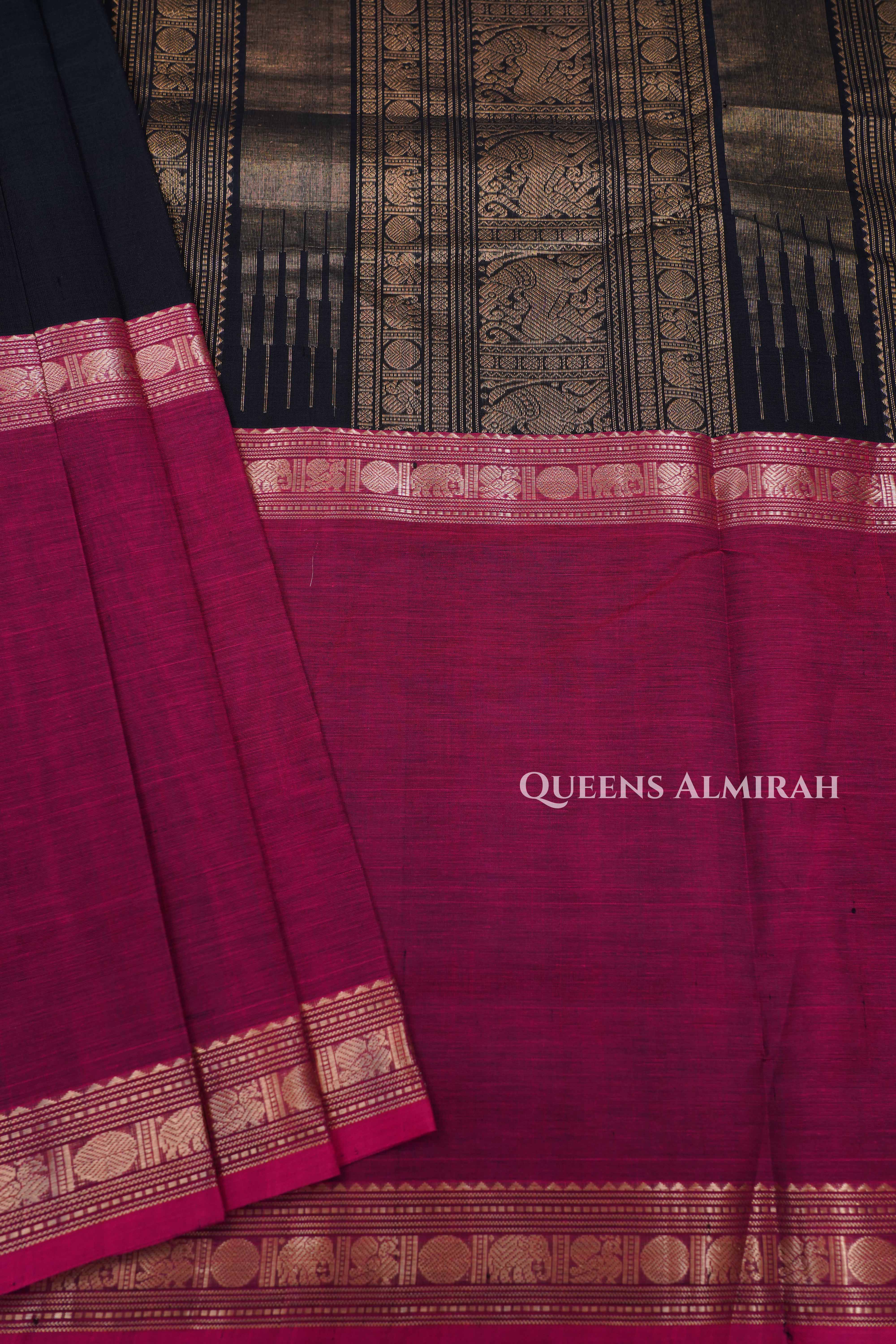 Burgundy With Black Karaikudi Chettinad Silk Cotton Saree