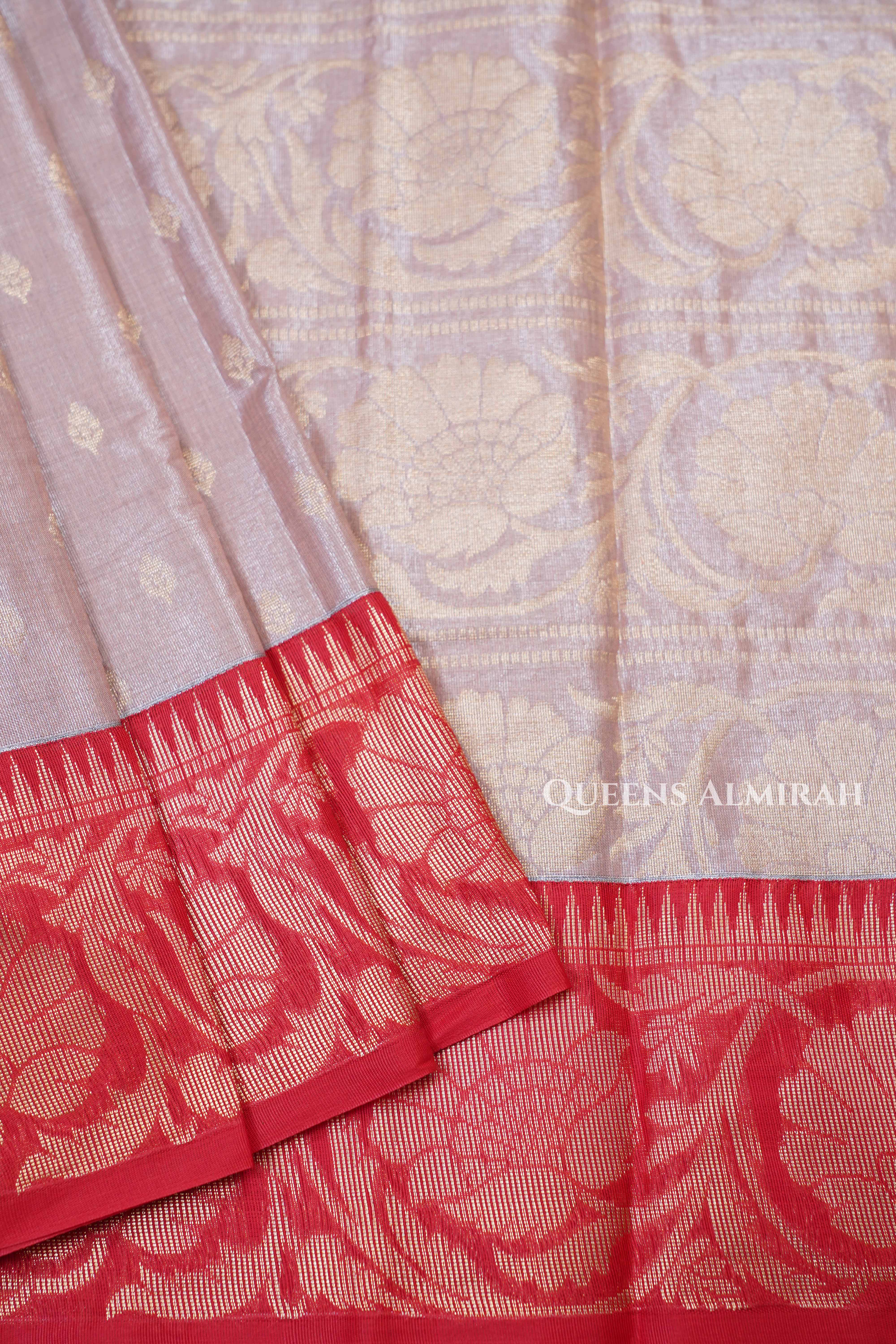 Peach Pink With Red Tissue Silk Cotton Saree