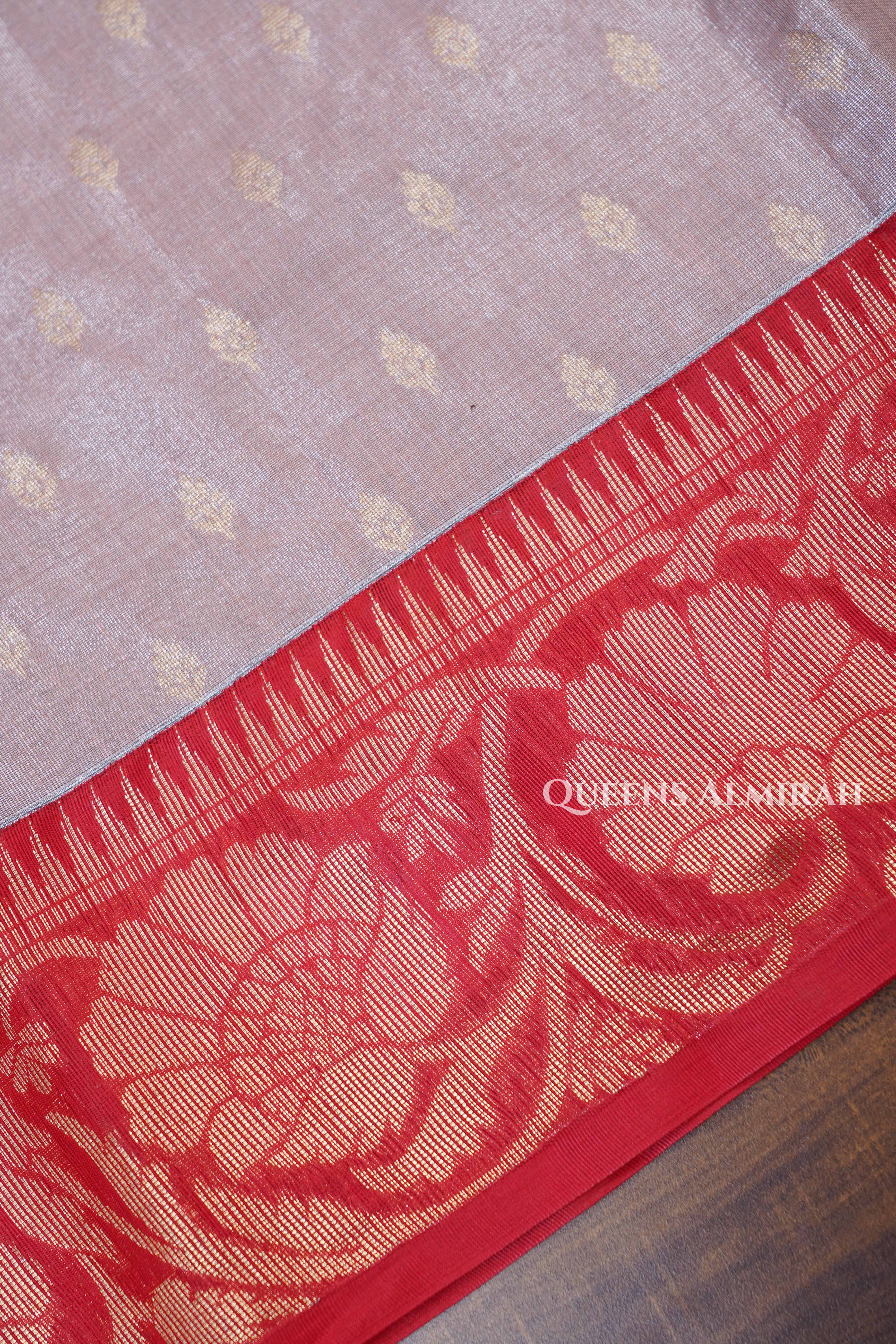 Peach Pink With Red Tissue Silk Cotton Saree