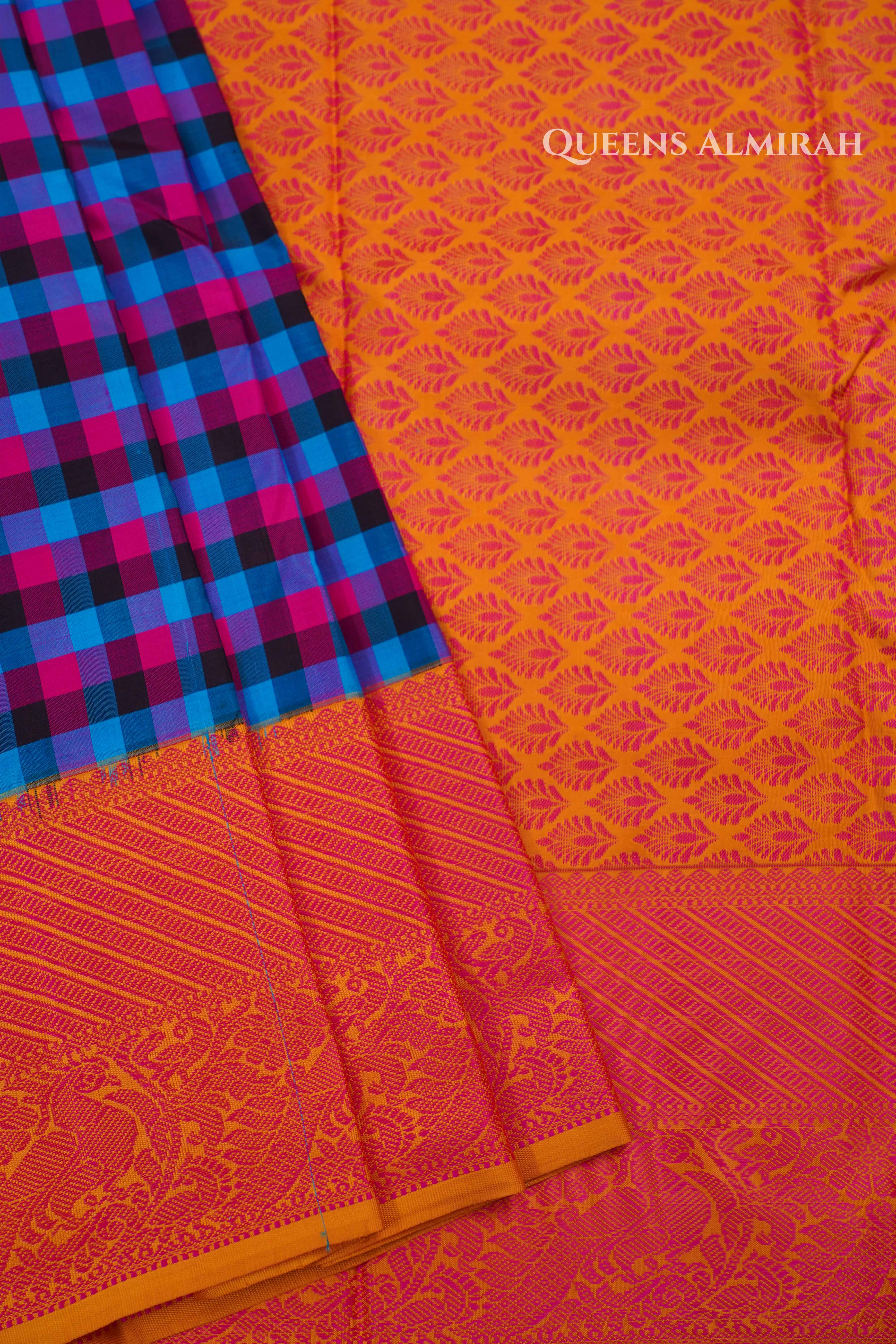 Blue With Pink Checks Kuravanji Silk Saree