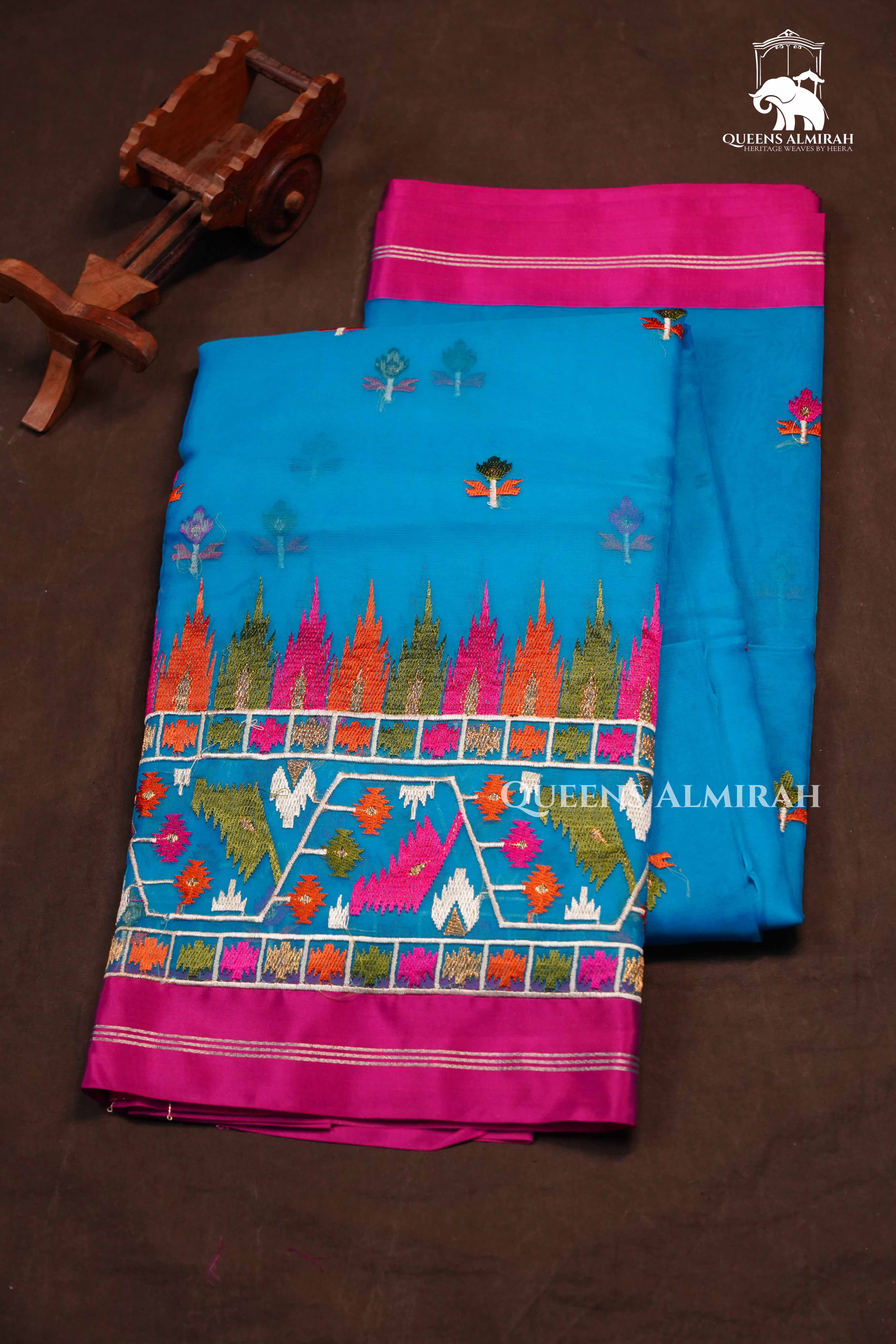 Blue With Pink Muslin Organza Saree