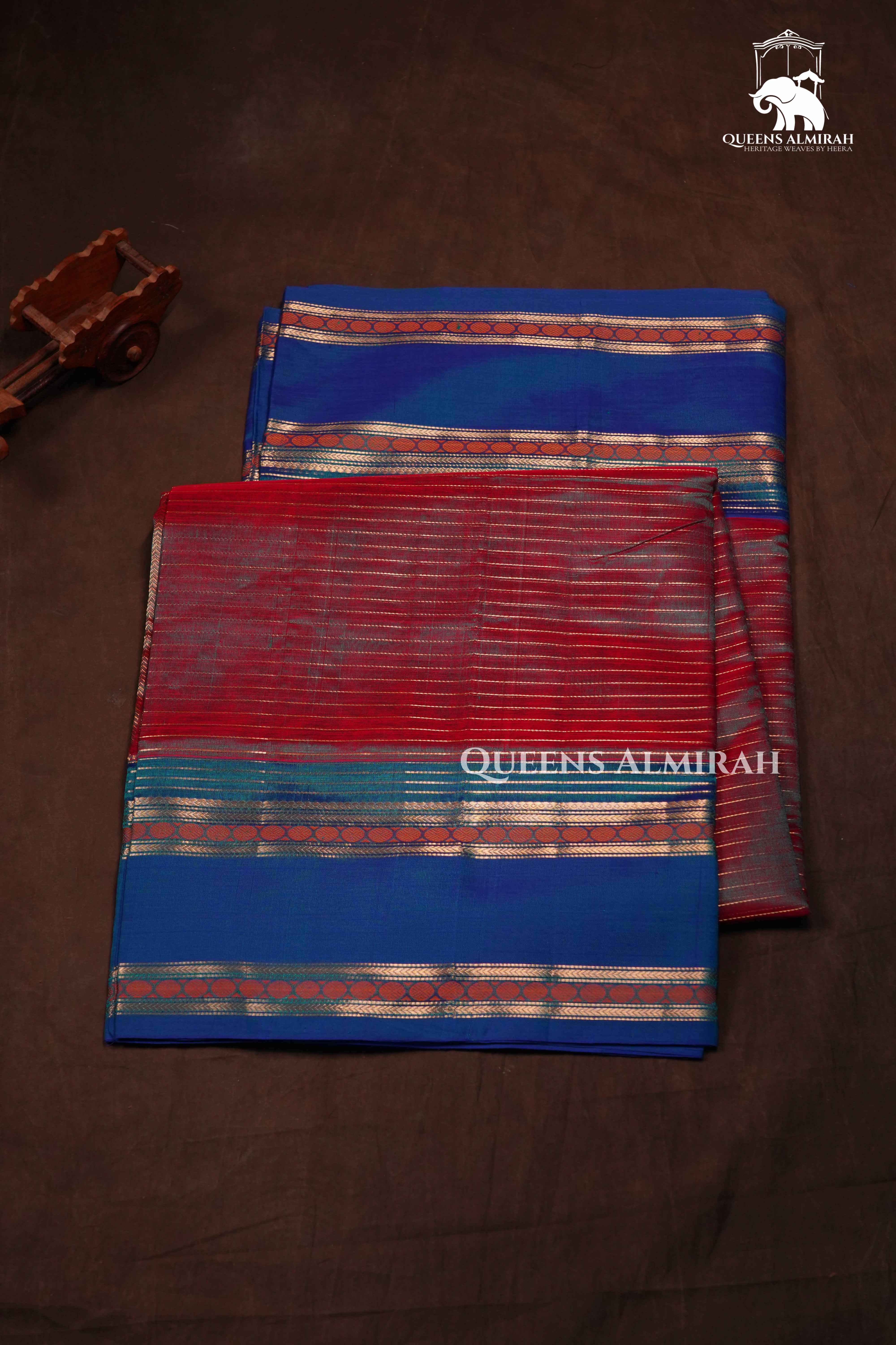Wine Red With Blue Karaikudi Chettinad Silk Cotton Saree