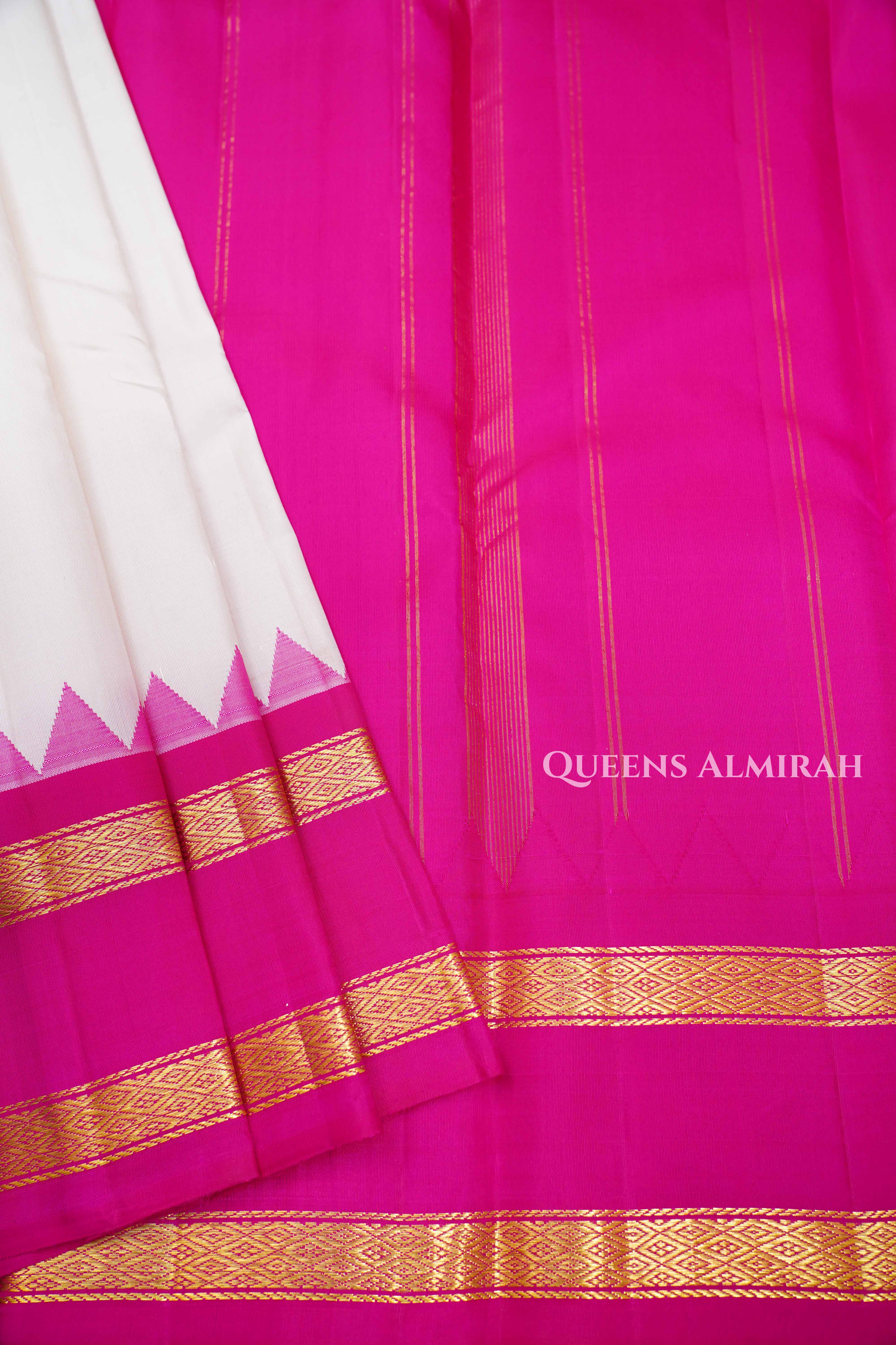 White With Leaf Green And Rasberry Pink Pure Kanchivaram Silk Saree