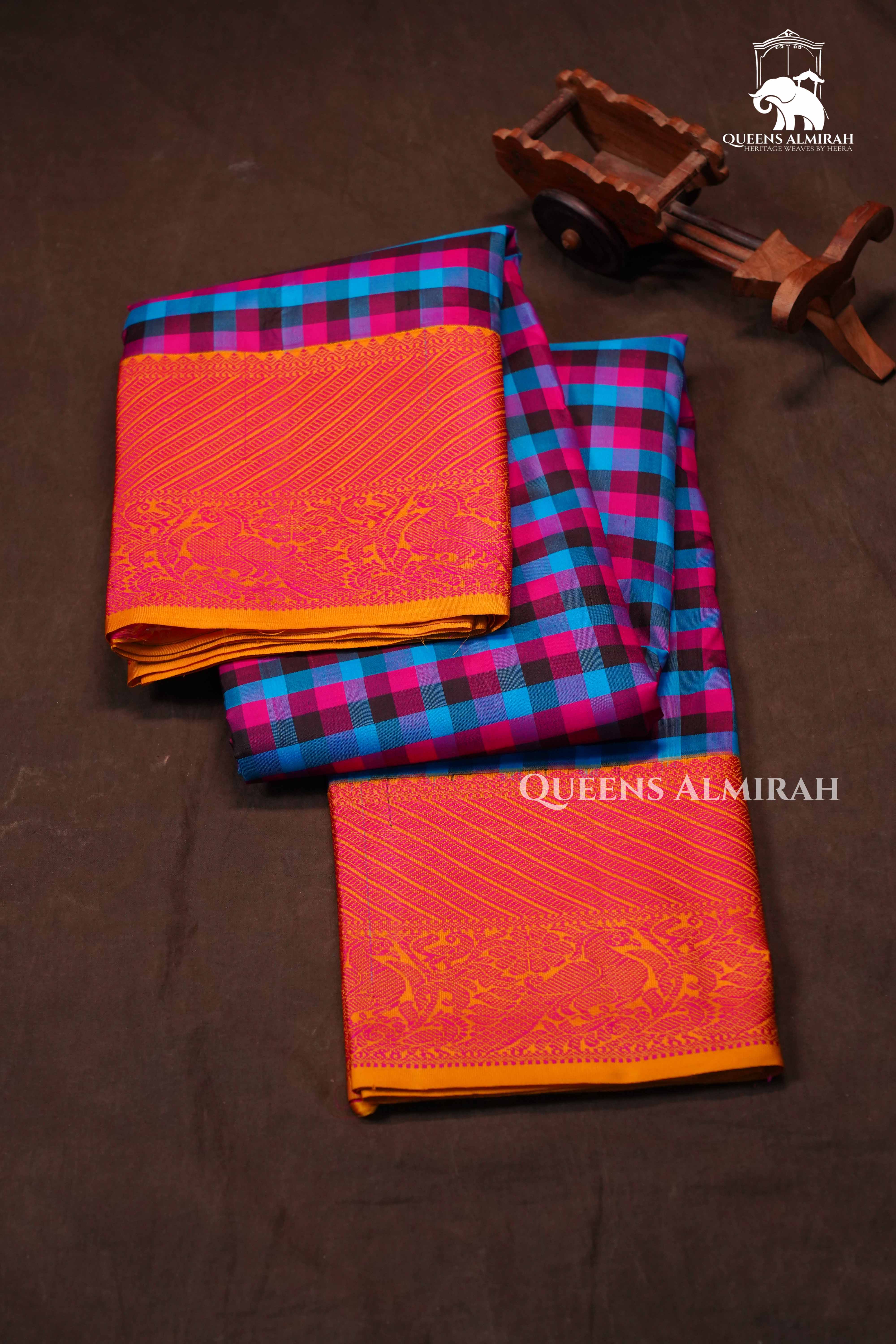 Blue With Pink Checks Kuravanji Silk Saree