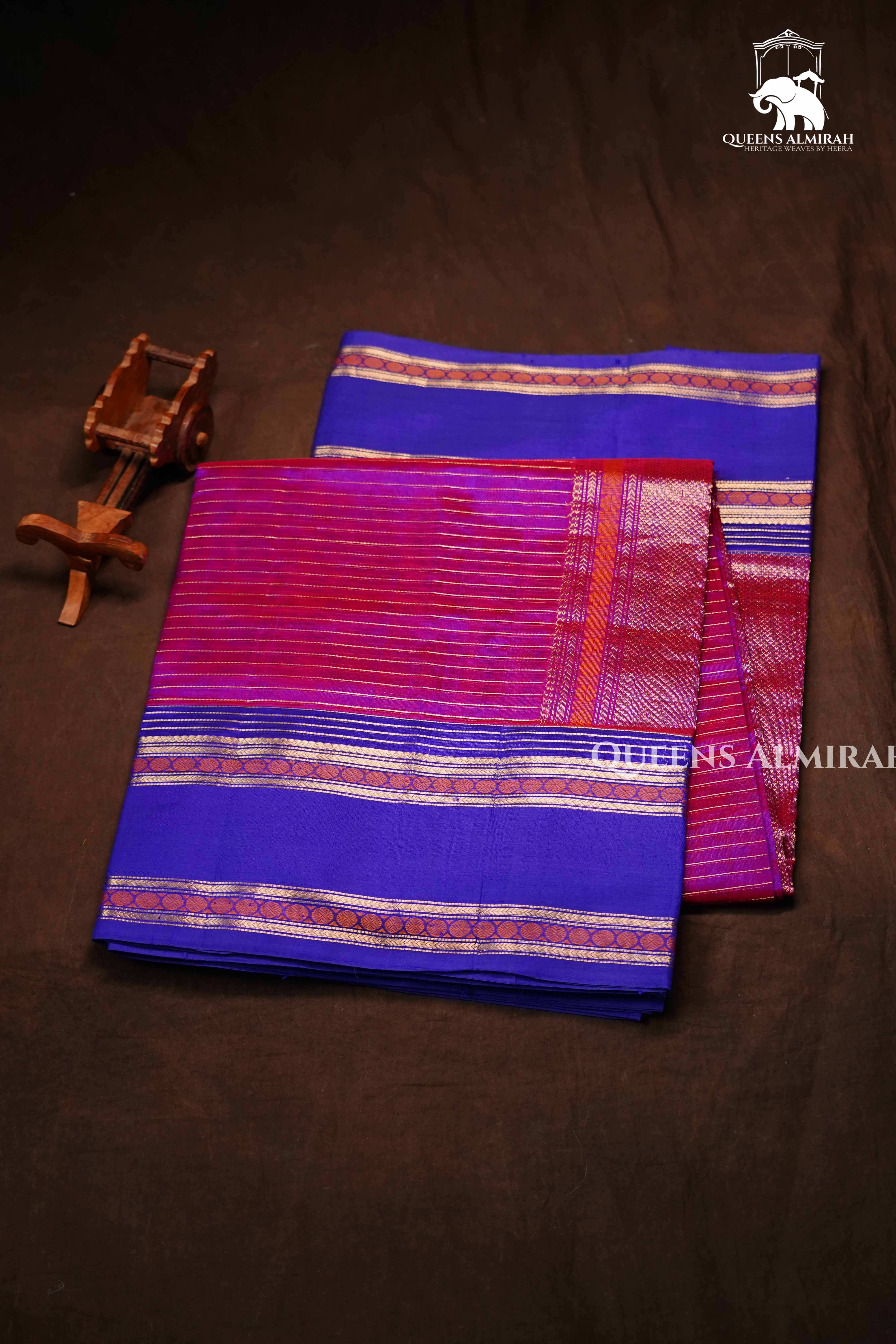 Violet Red With Blue Purple-Karaikudi Chettinad Silk Cotton Saree