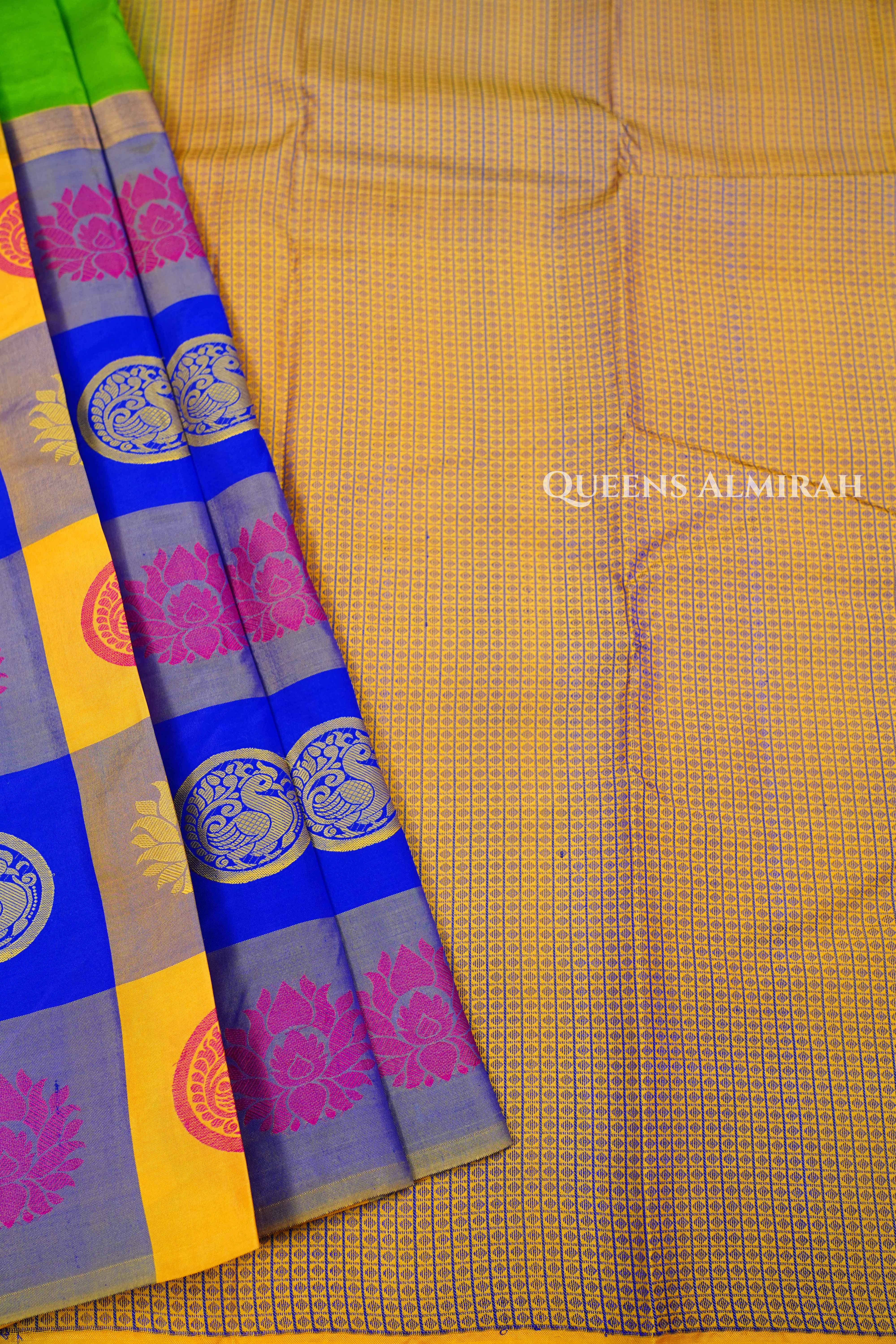 Parrot Green With Multi Checks Kanchivaram Silk Saree