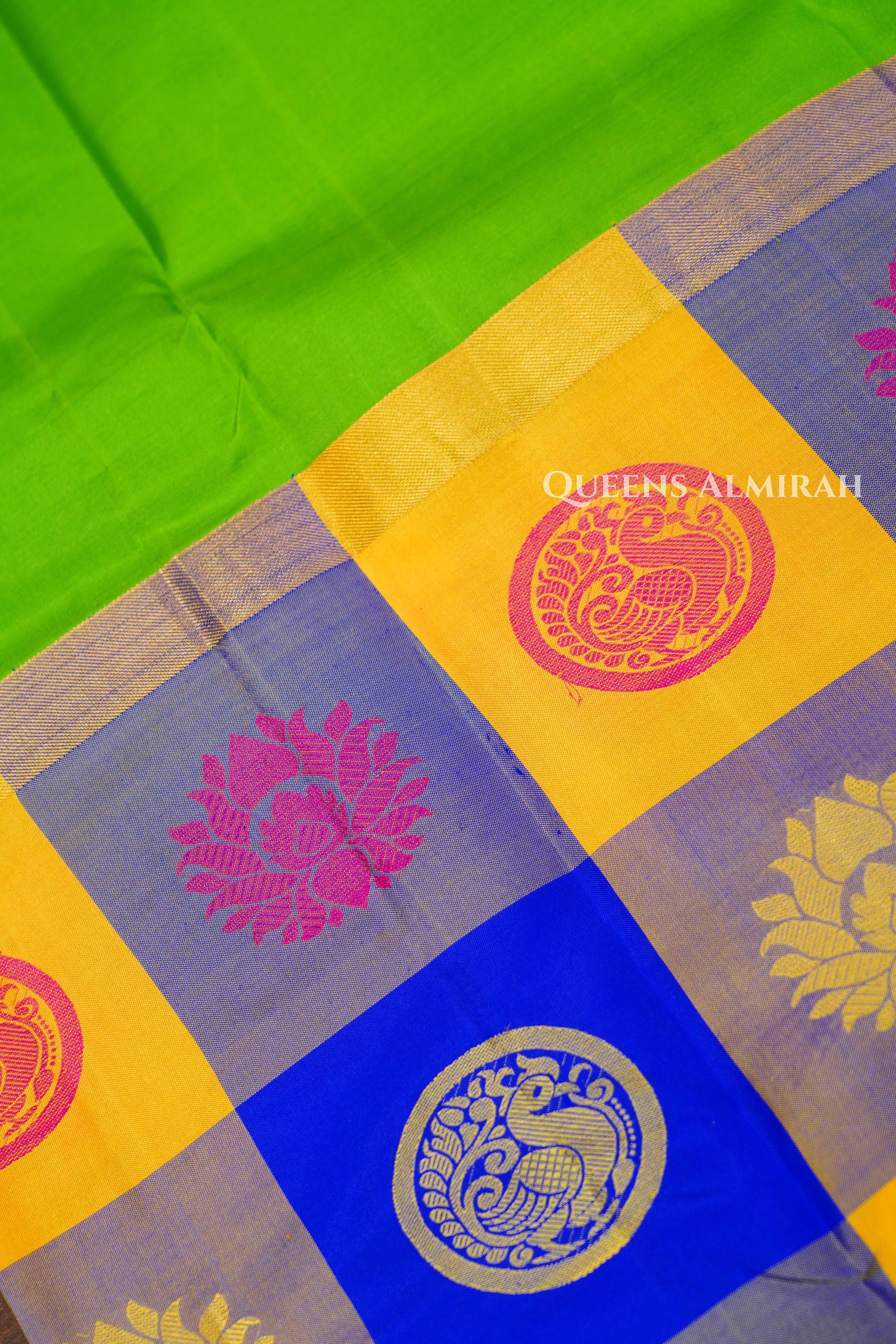 Parrot Green With Multi Checks Kanchivaram Silk Saree