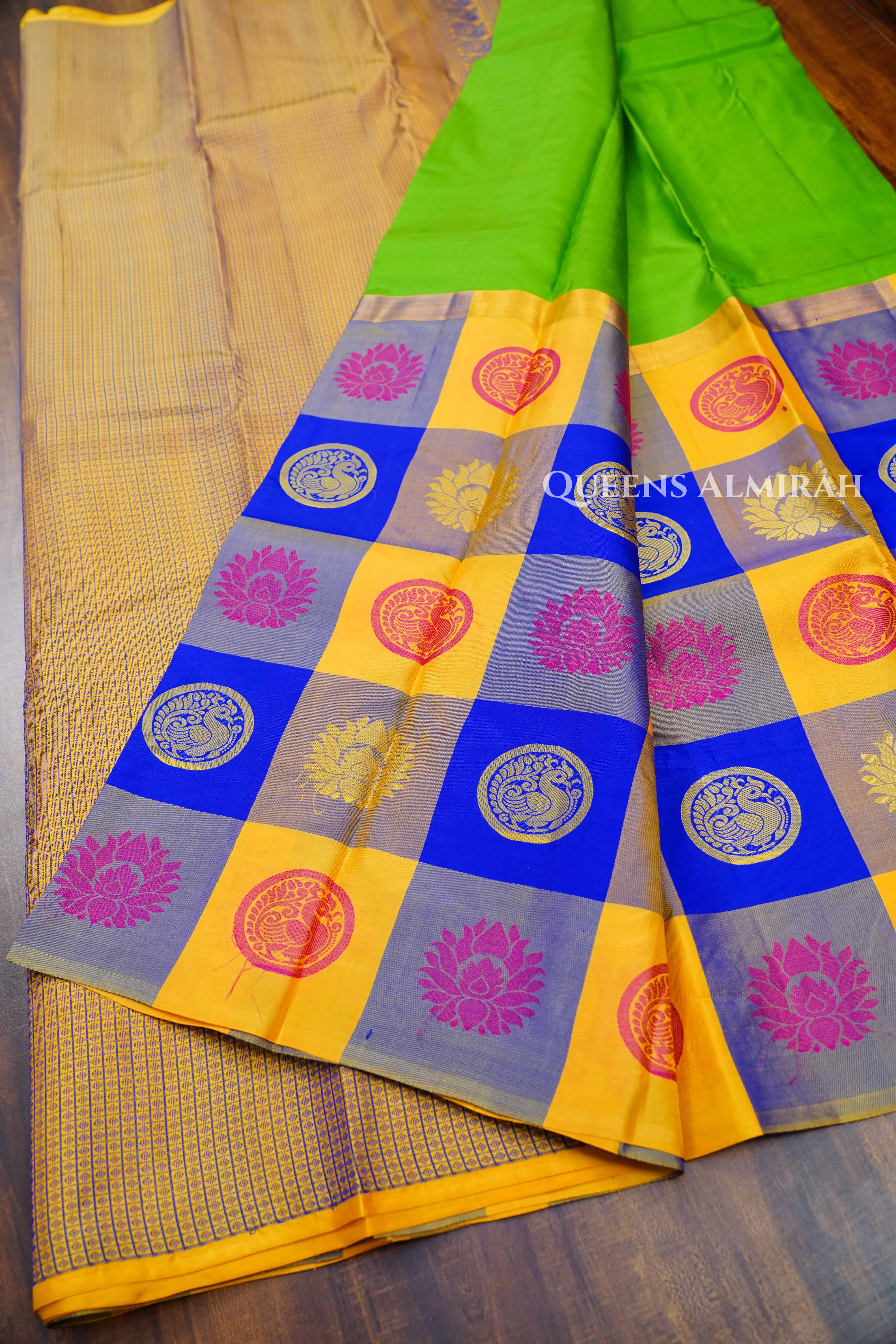 Parrot Green With Multi Checks Kanchivaram Silk Saree