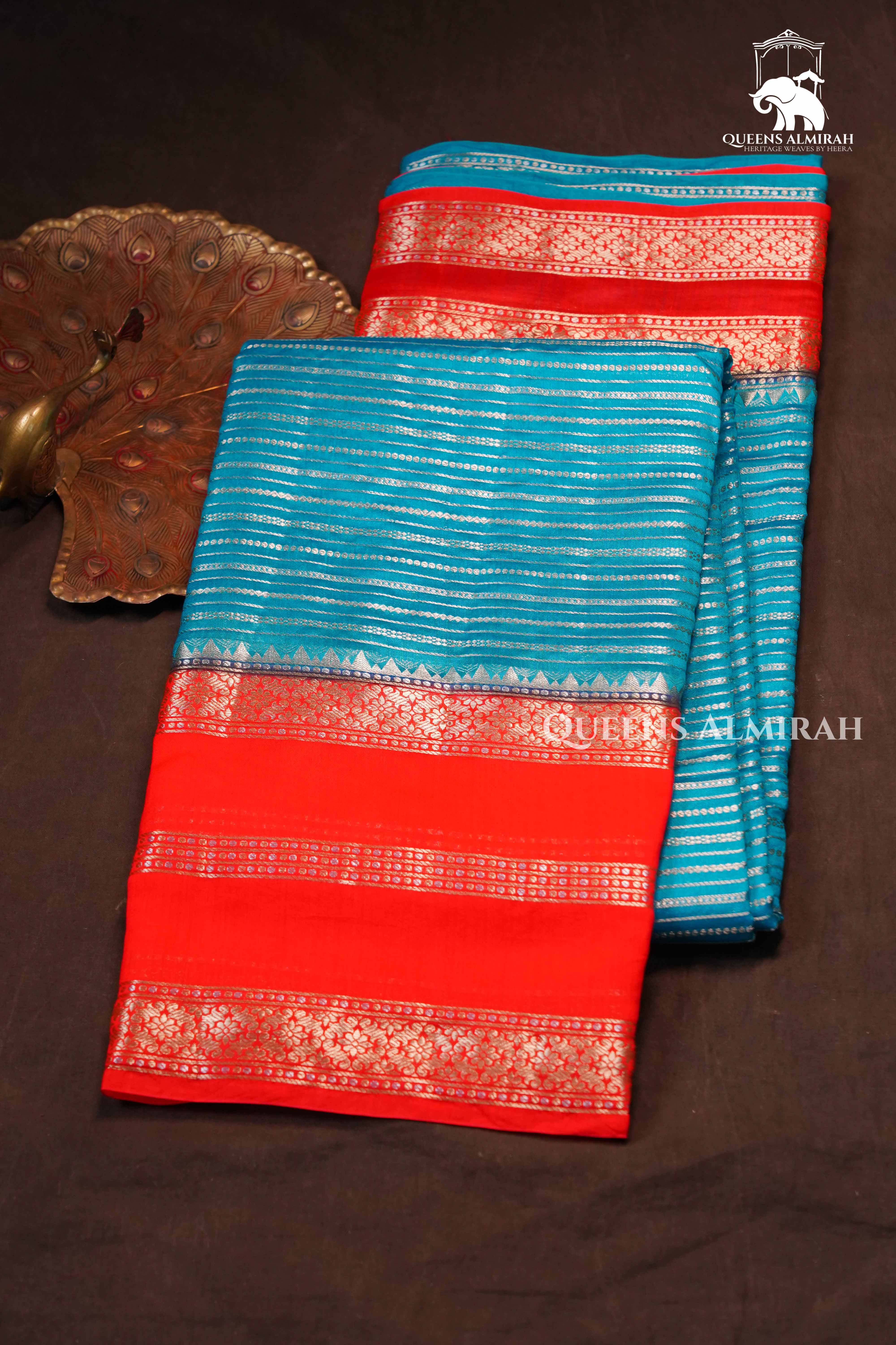 Sky Blue With Orange Chiniya Silk Saree