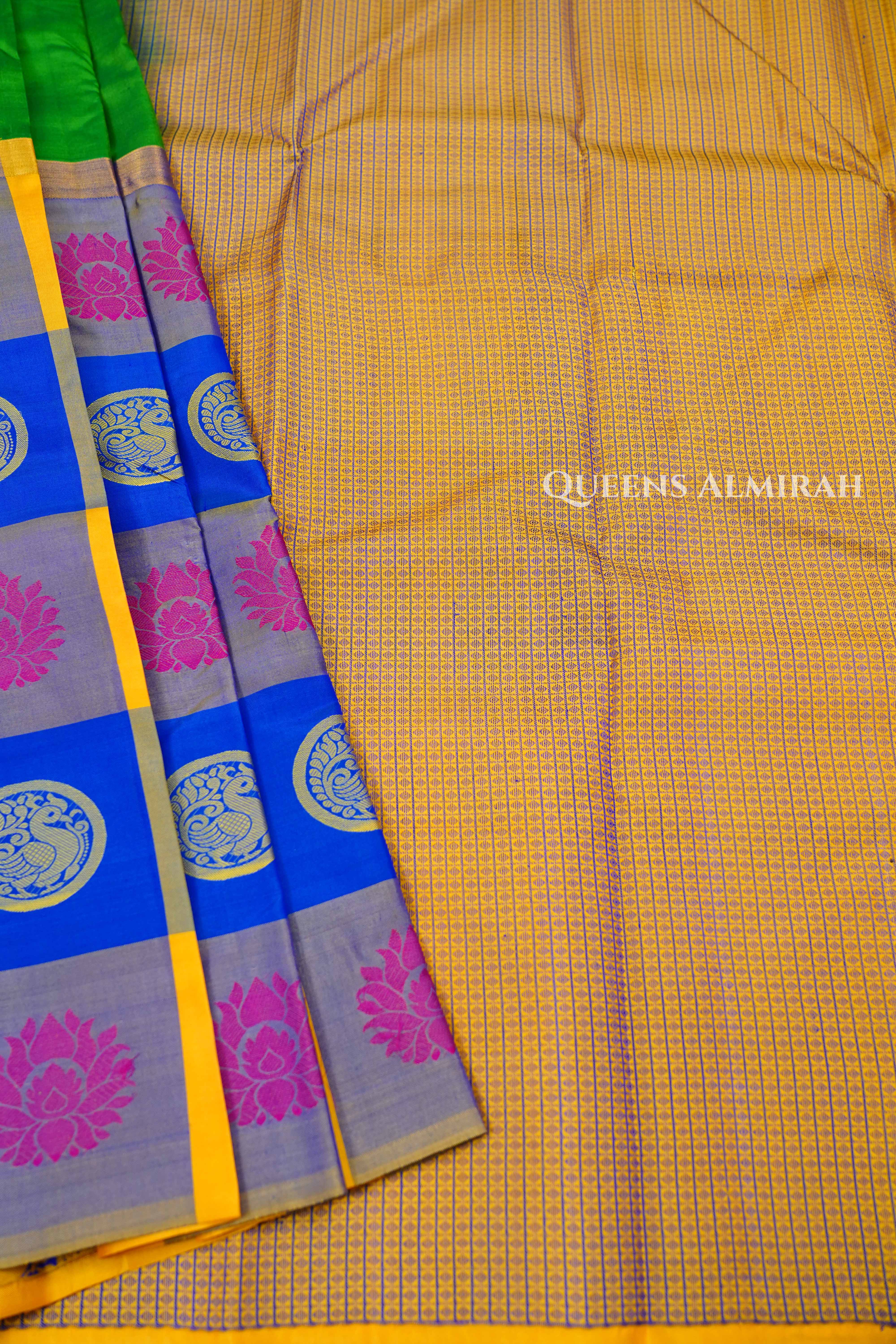 Leaf Green With Multi Checks Kanchivaram Silk Saree