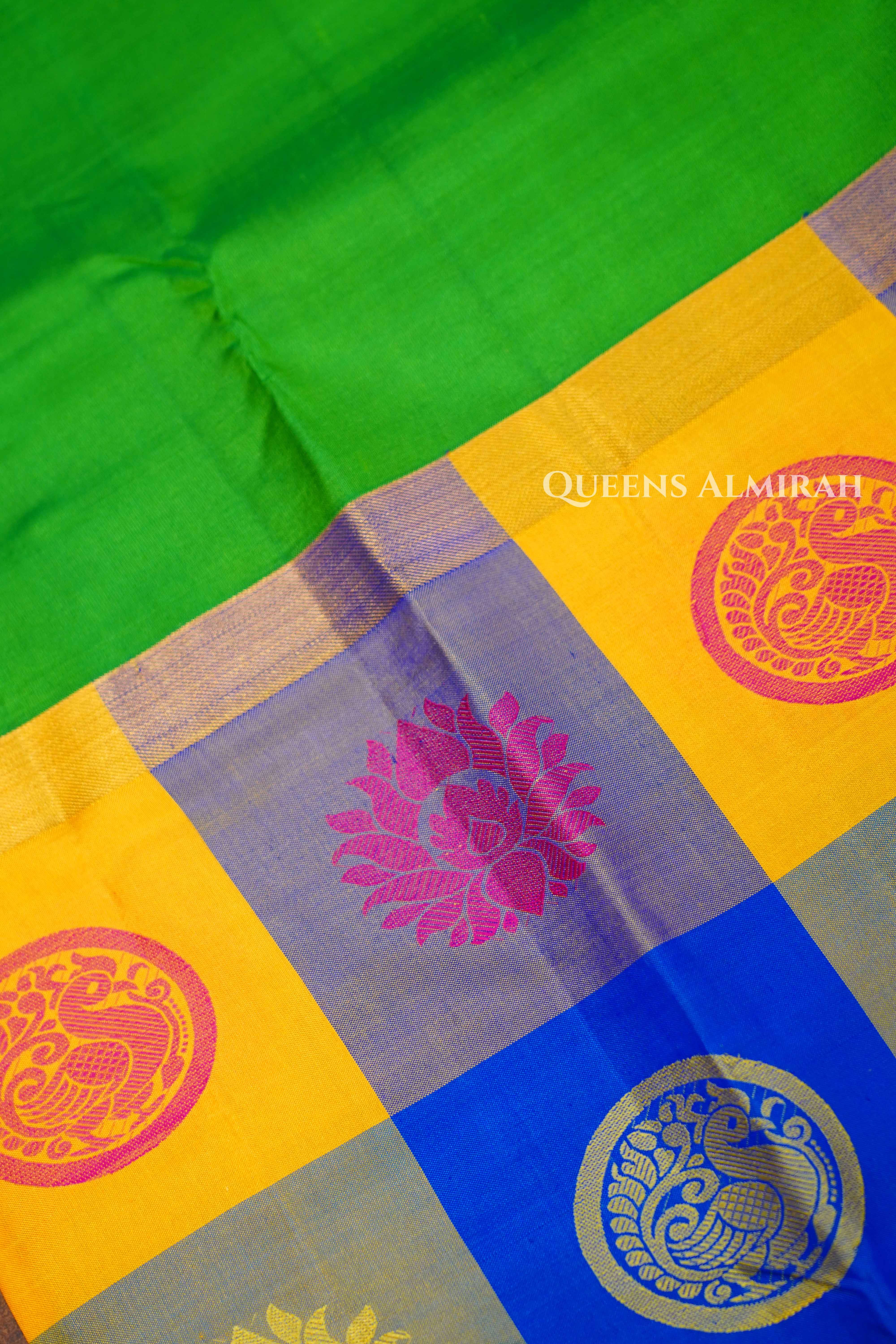 Leaf Green With Multi Checks Kanchivaram Silk Saree