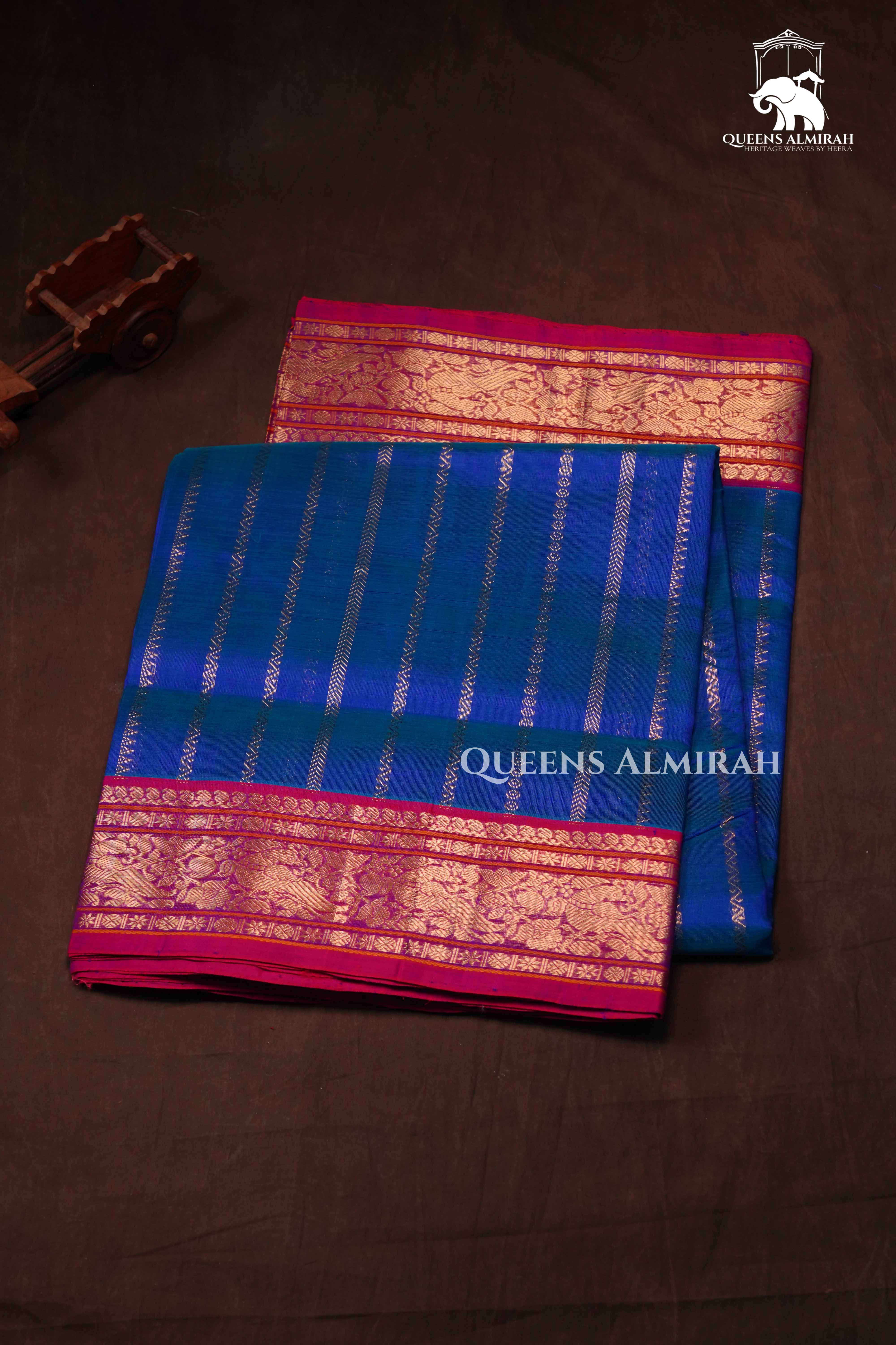Royal Blue With Pink Veldhari Chettinad Silk Cotton Saree