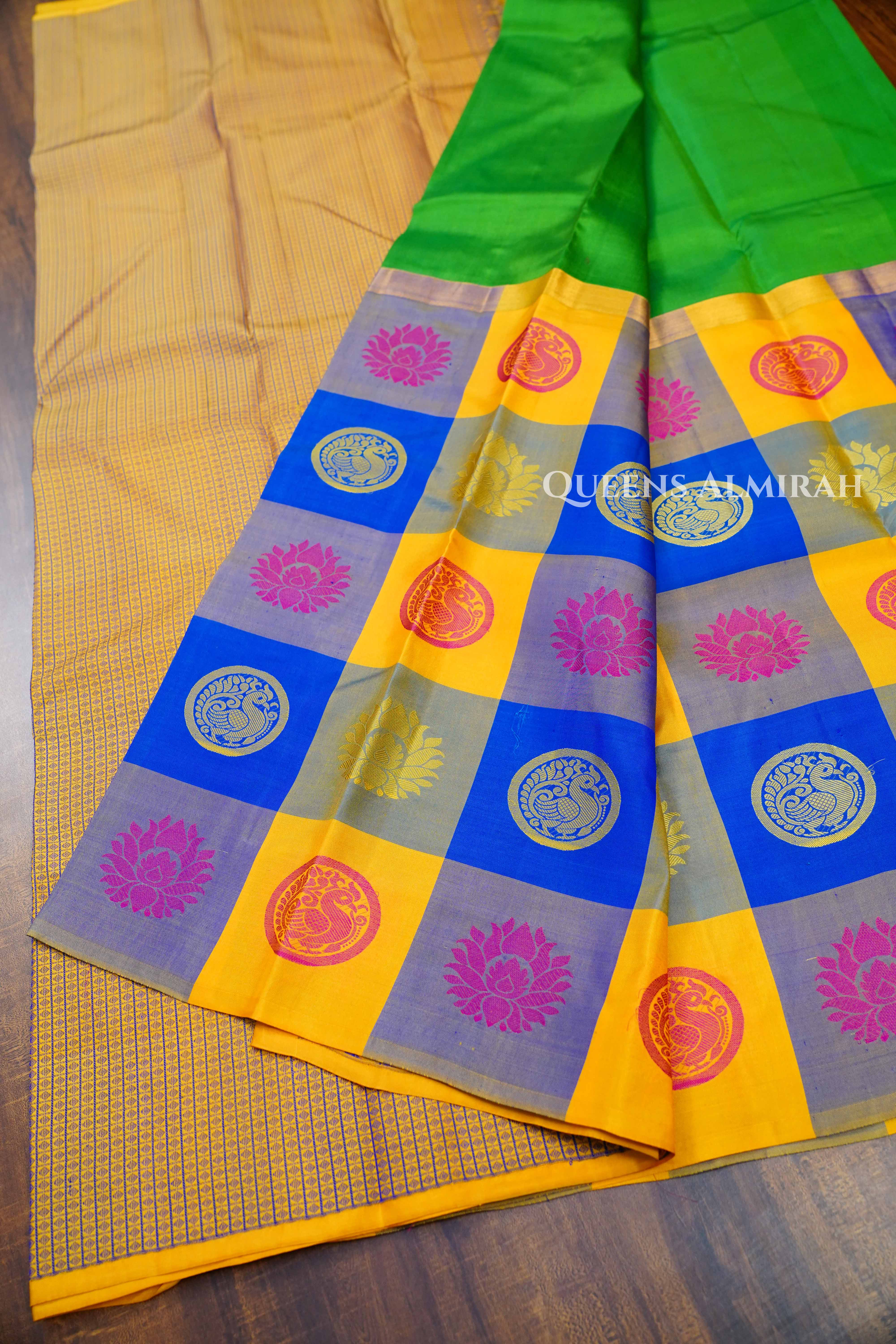 Leaf Green With Multi Checks Kanchivaram Silk Saree