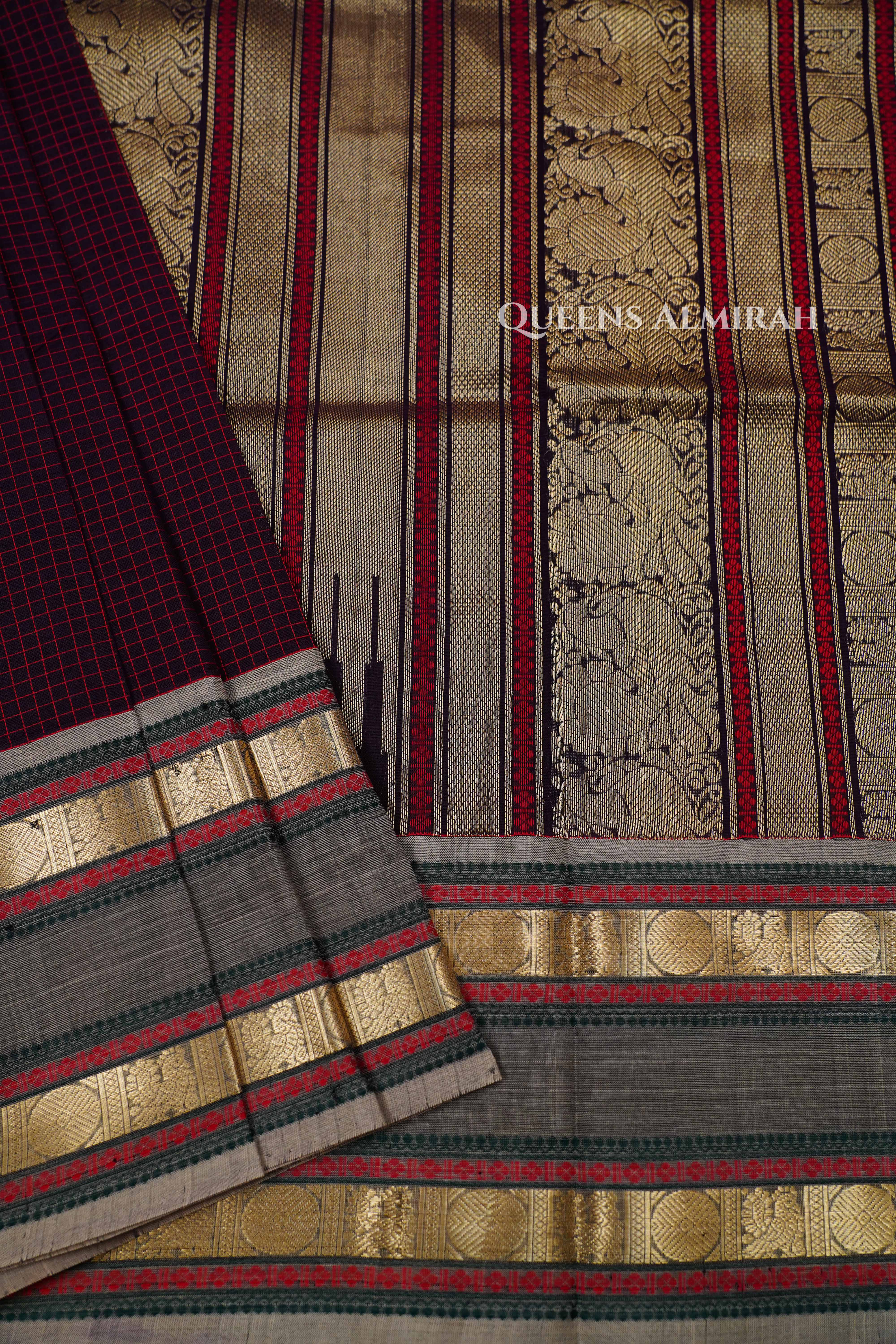 Maroon With Grey Karaikudi Chettinad Silk Cotton Saree