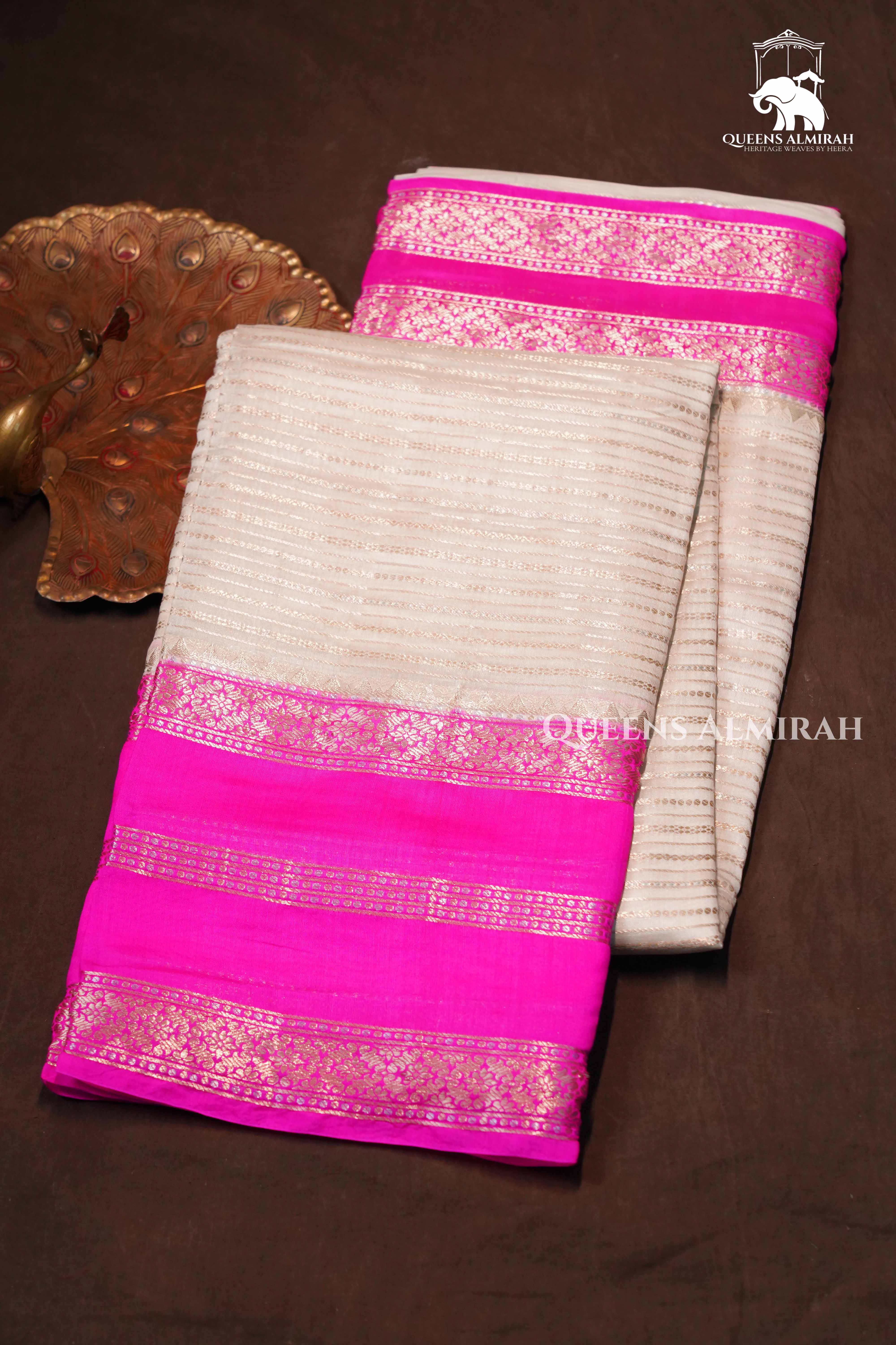 Off White With Pink Chiniya Silk Saree