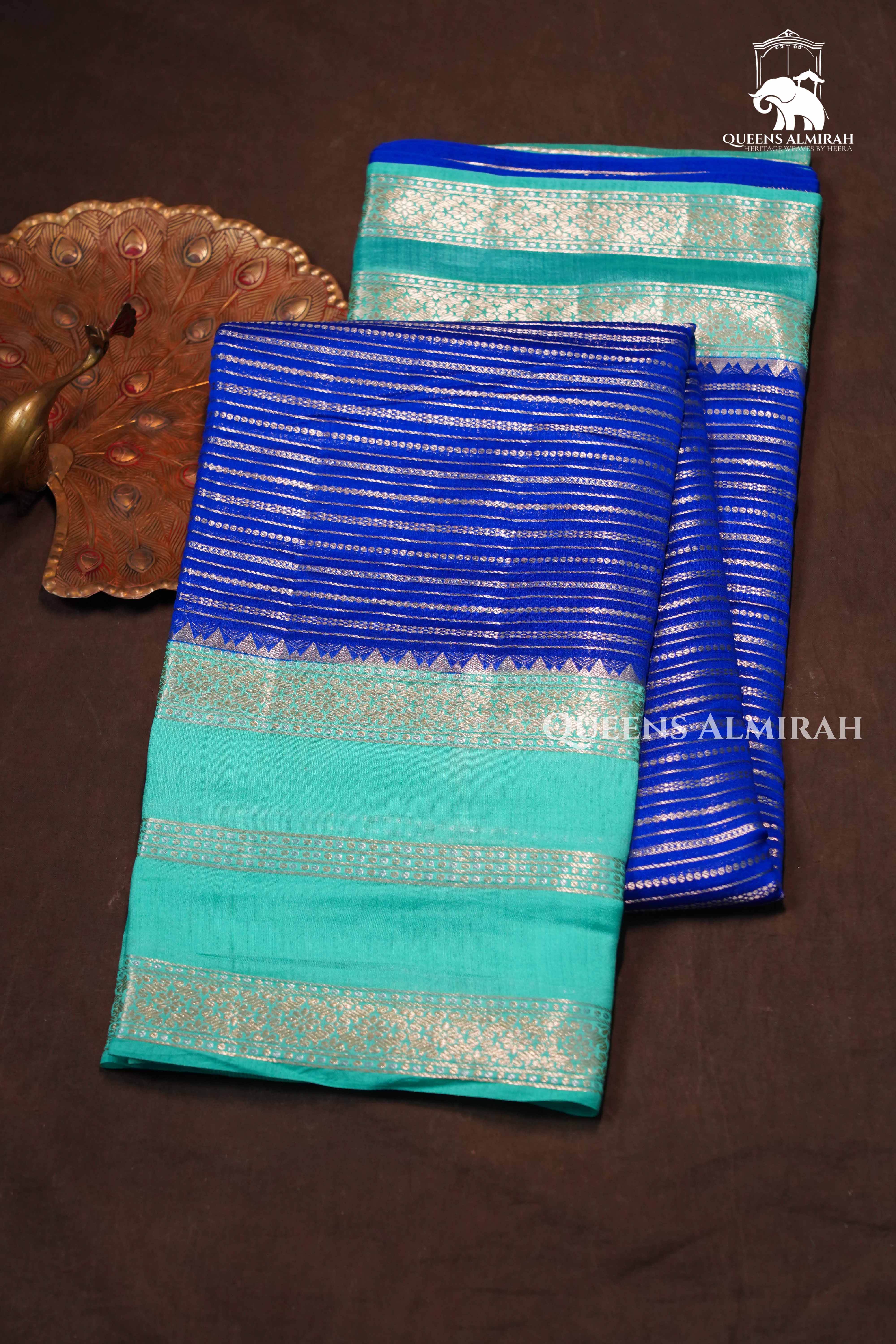 Ink Blue With Sky Blue Chiniya Silk Saree