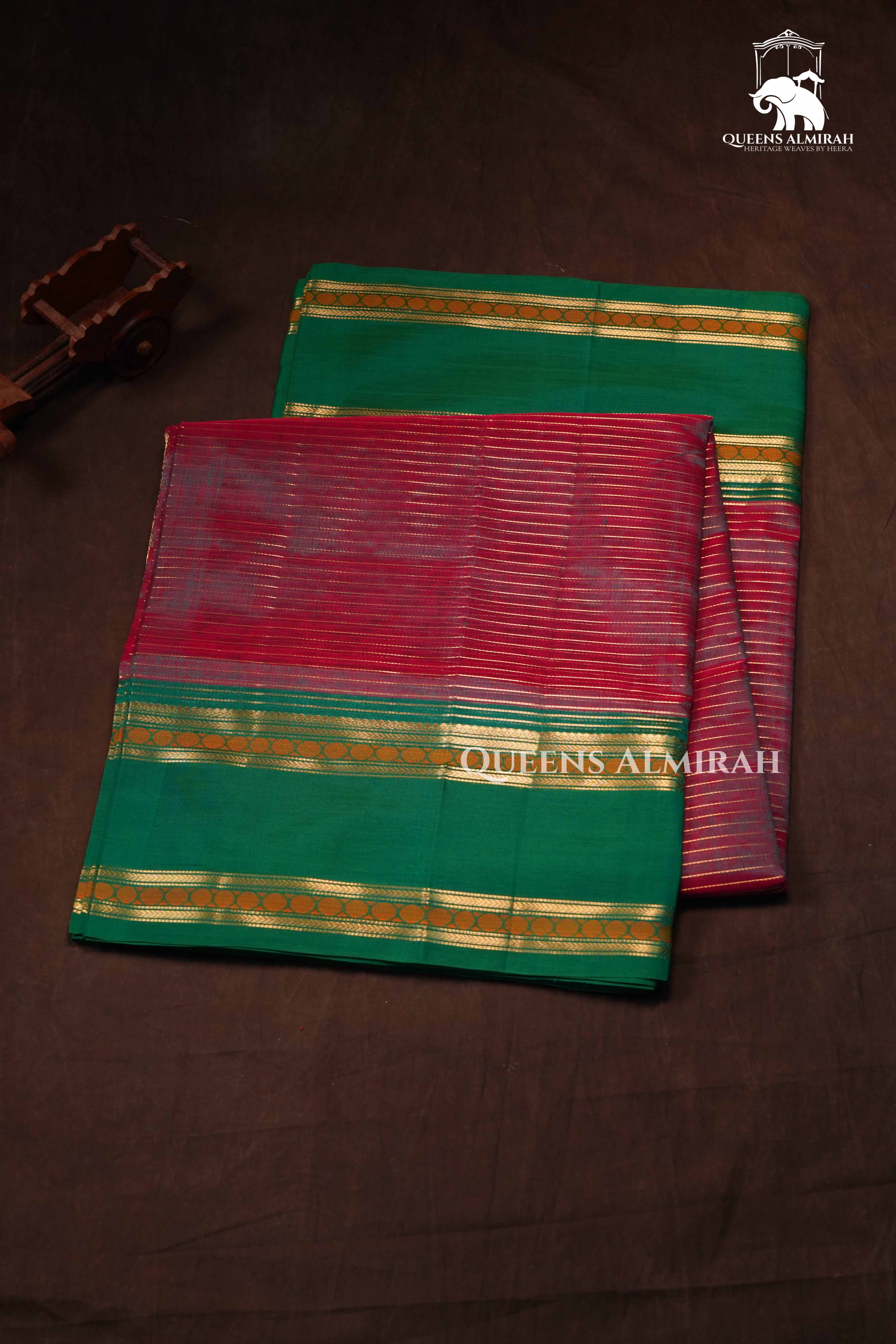 Wine Red With Green Karaikudi Chettinad Silk Cotton Saree