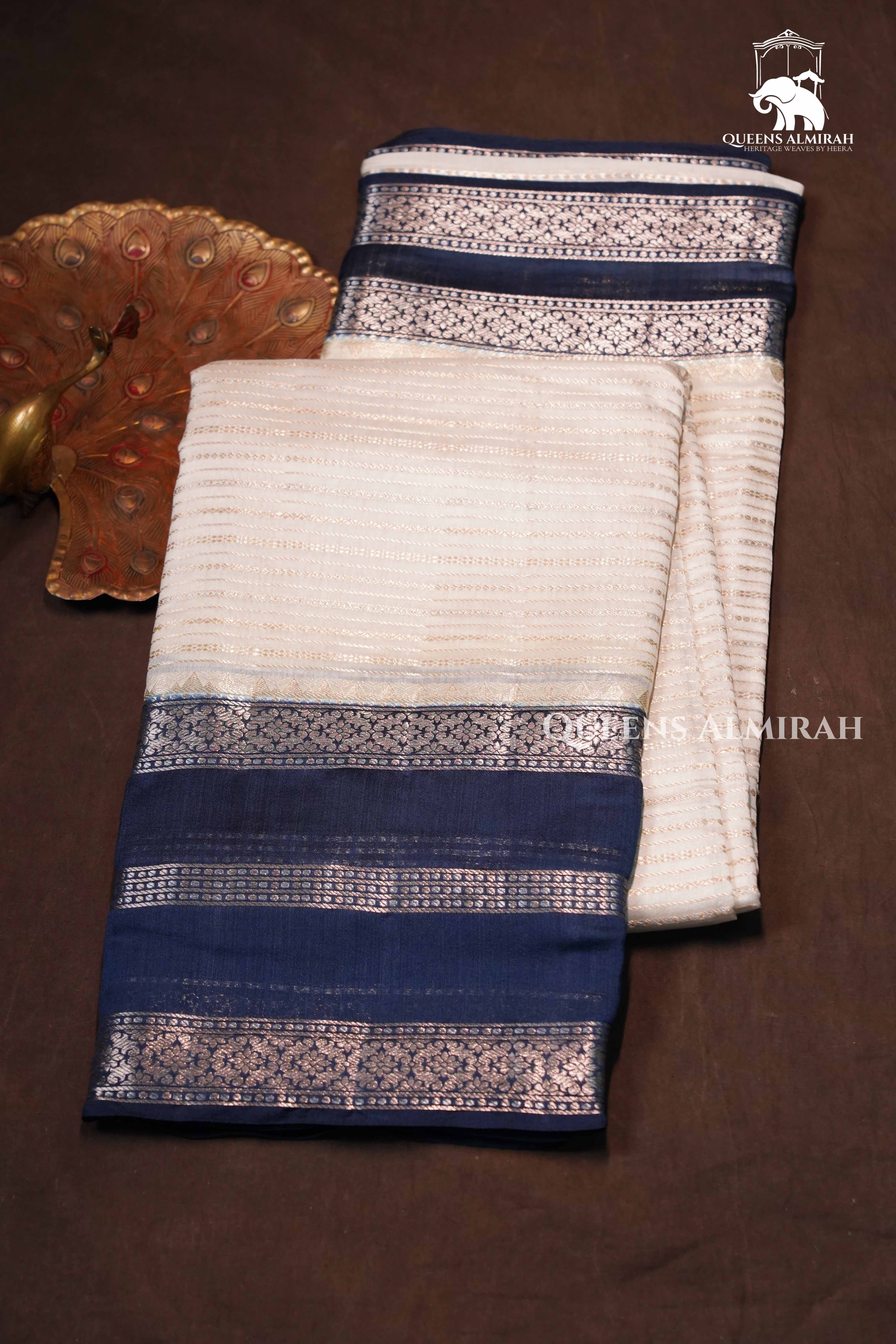 White With Dark Navy Chiniya Silk Saree