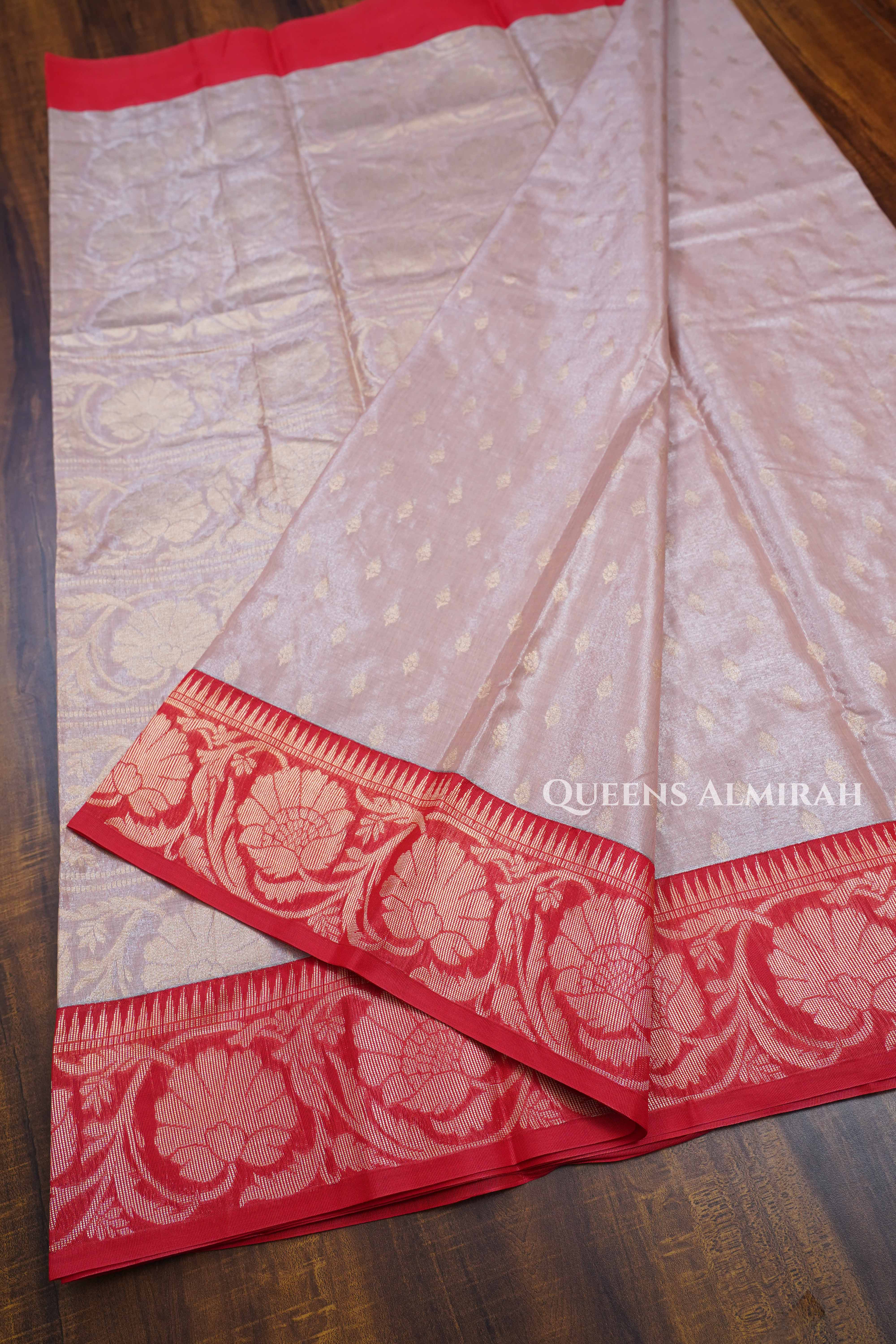 Peach Pink With Red Tissue Silk Cotton Saree