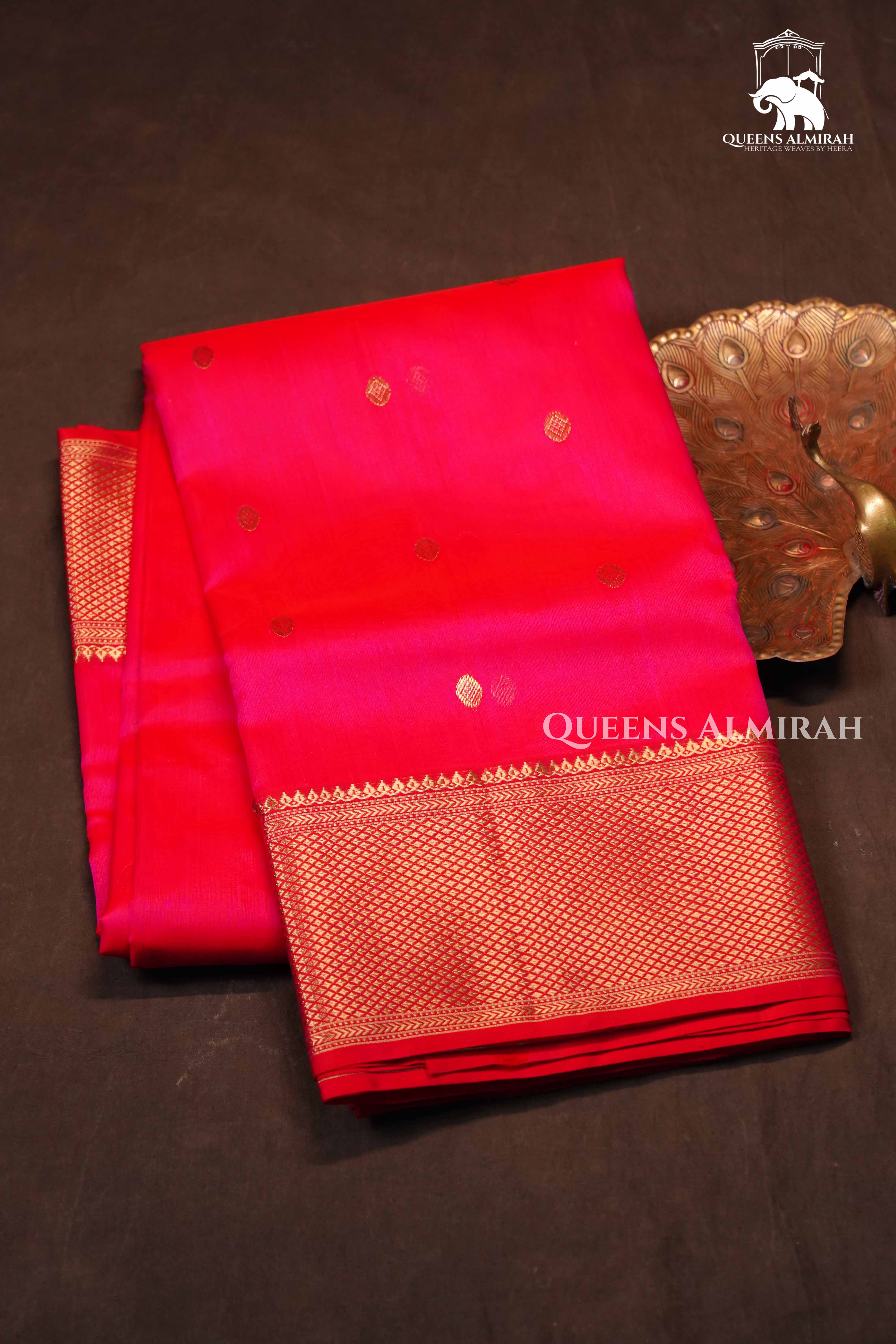Pinkish Red Traditional Chanderi Katan Silk Handloom Saree