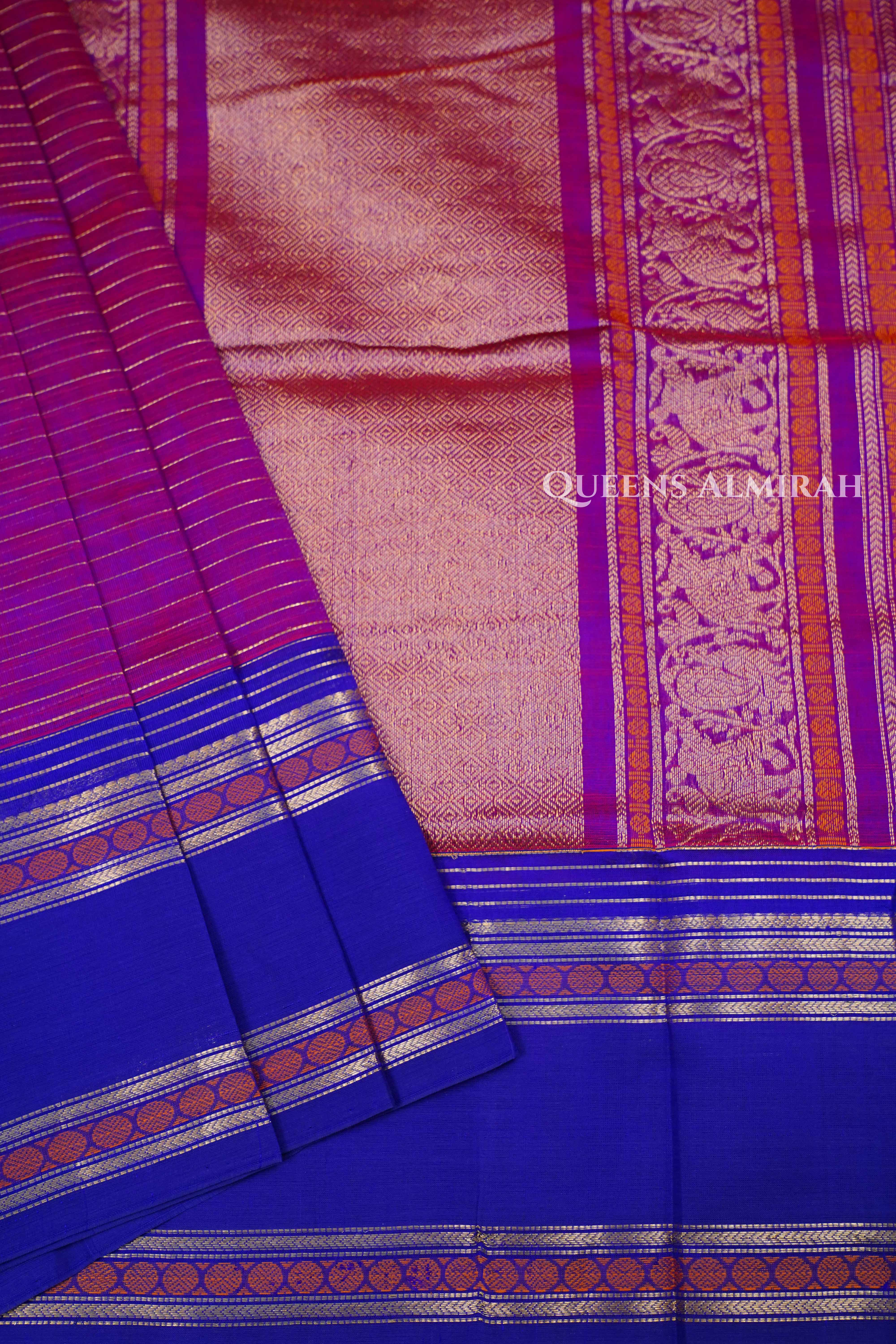 Violet Red With Blue Purple-Karaikudi Chettinad Silk Cotton Saree