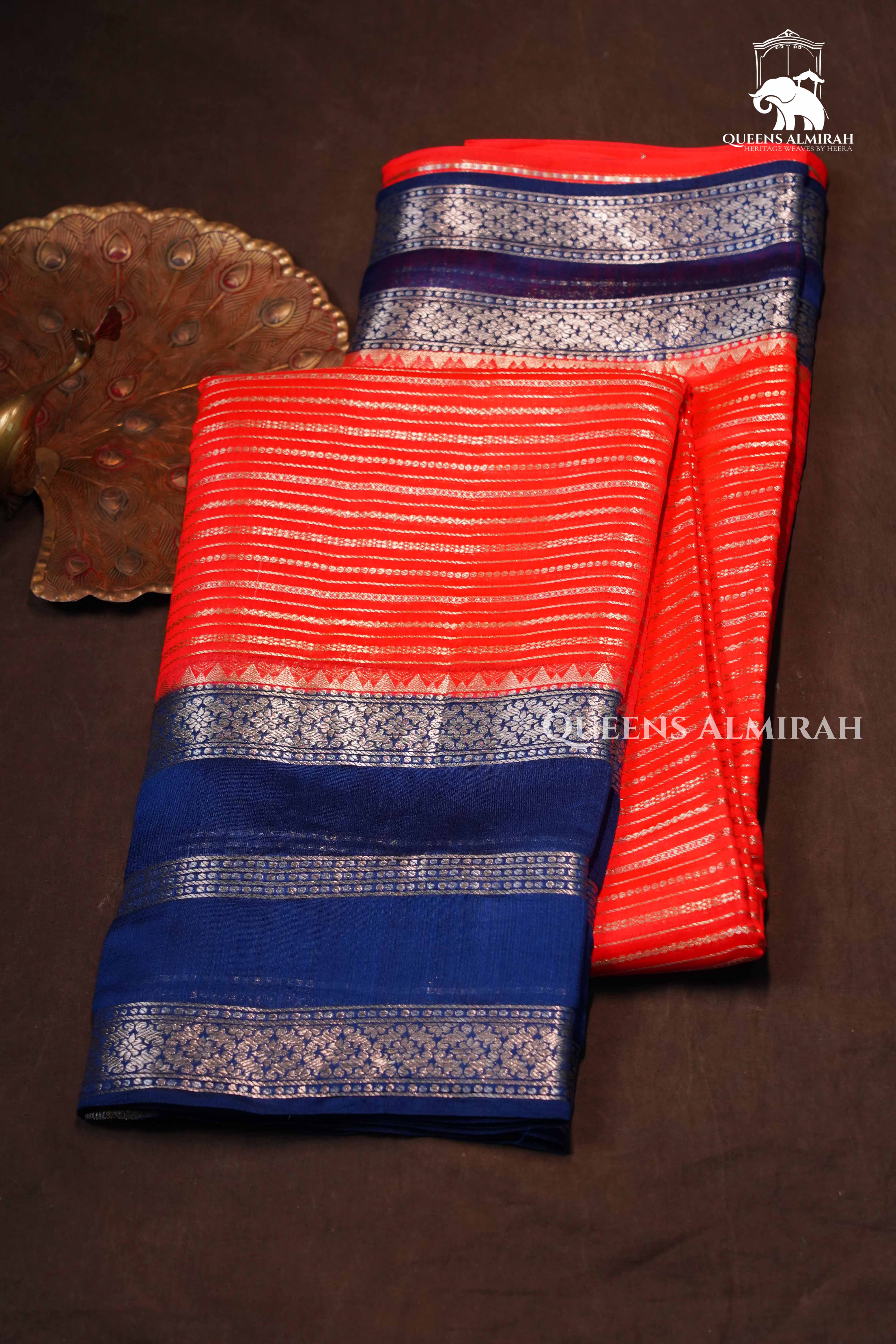 Orange with Navy Blue Chiniya Silk Saree