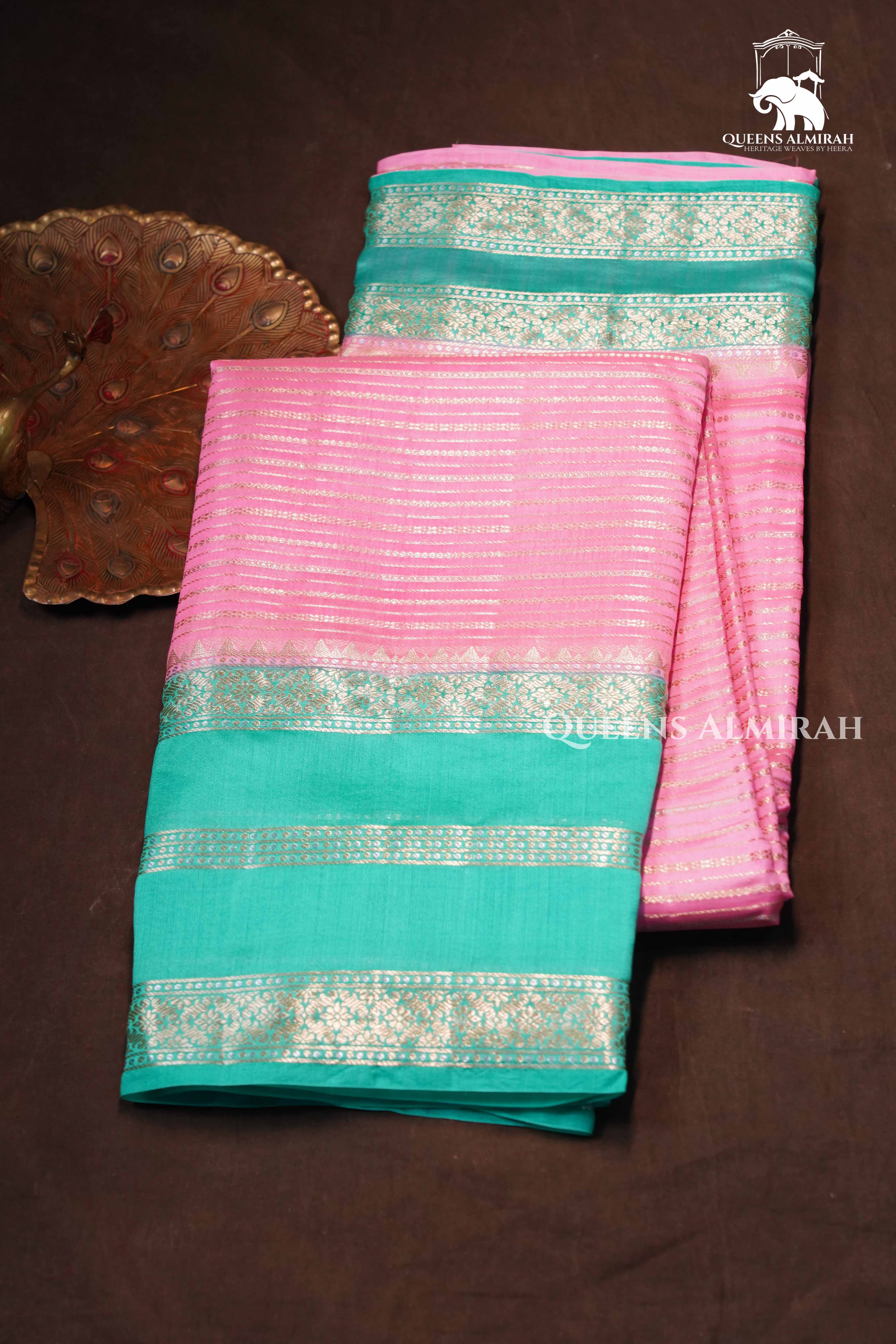 Baby Pink With Sky Blue Chiniya Silk Saree