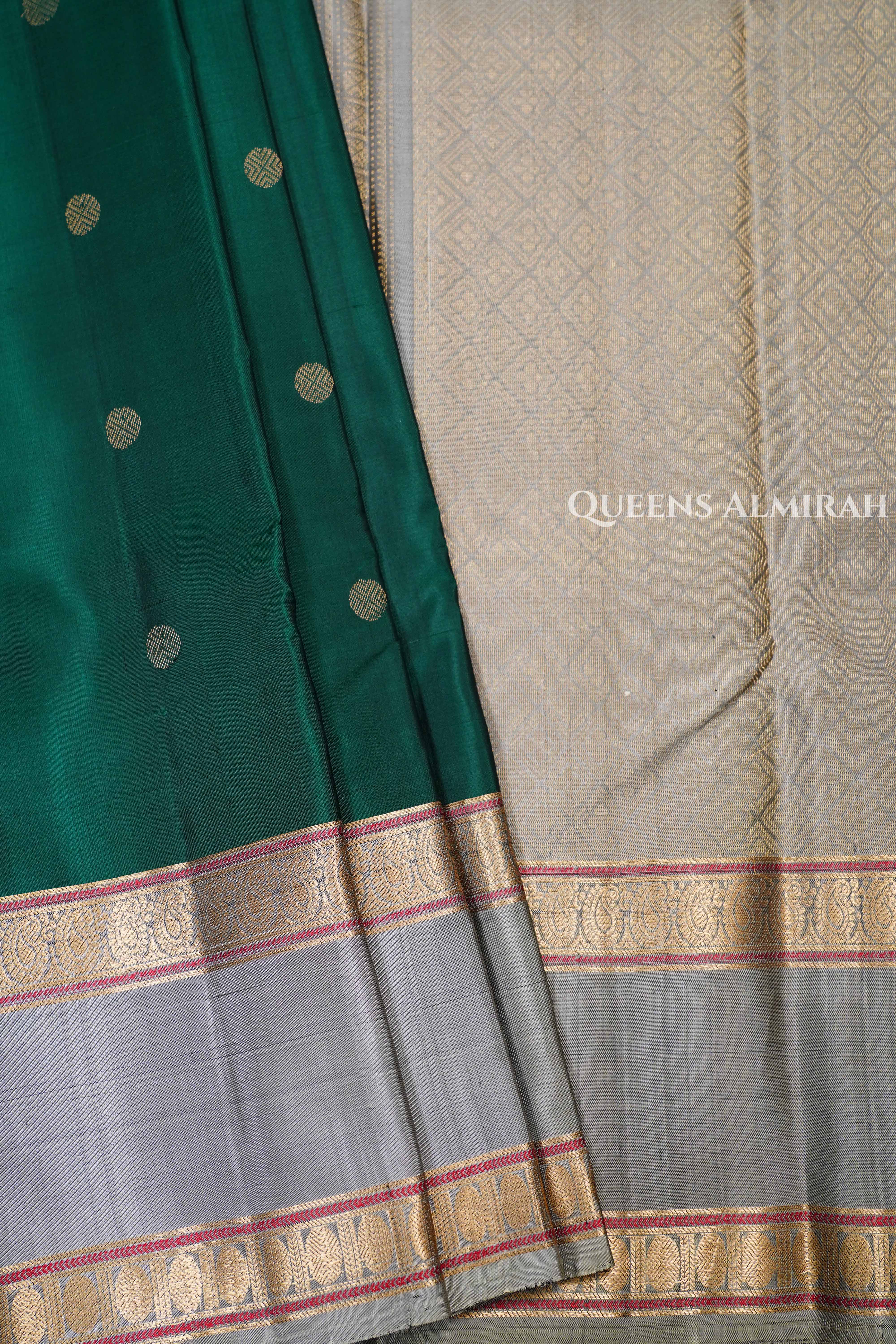 Dark Green With Ash Grey Pure Kanchivaram Silk Saree
