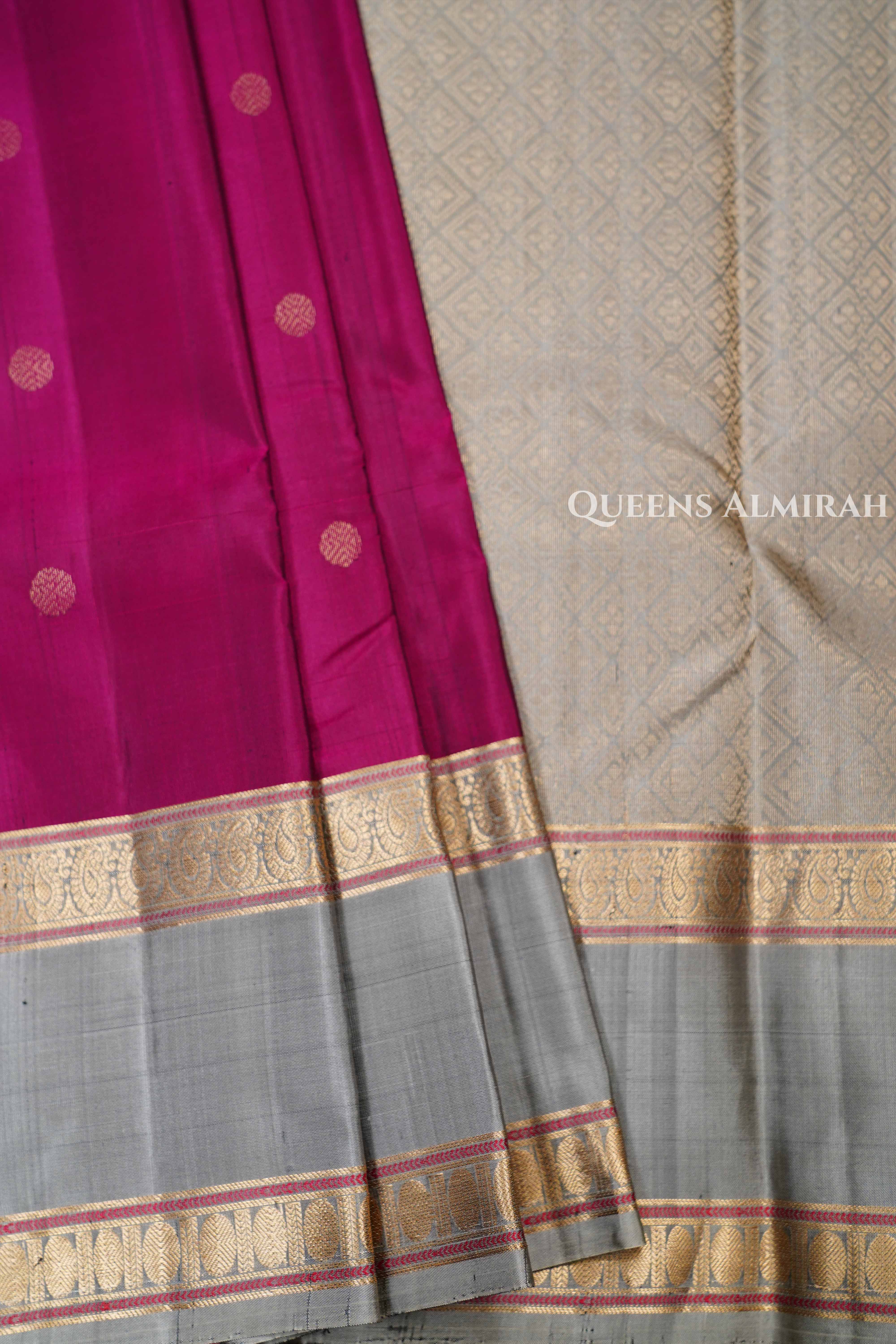 Magenta Pink With Ash Grey Pure Kanchivaram Silk Saree