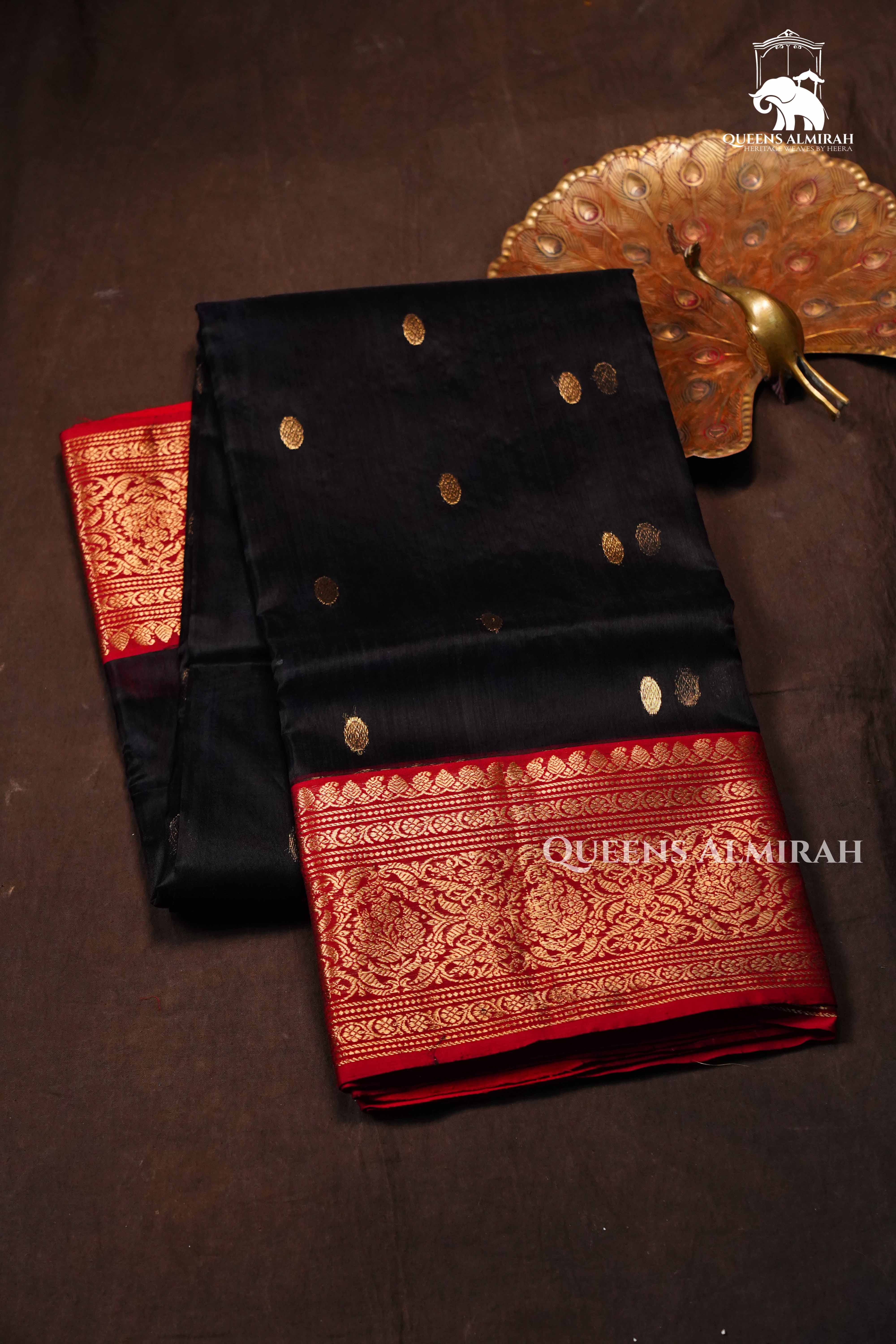 Black With Red Border Chanderi Katan Silk Handloom Saree