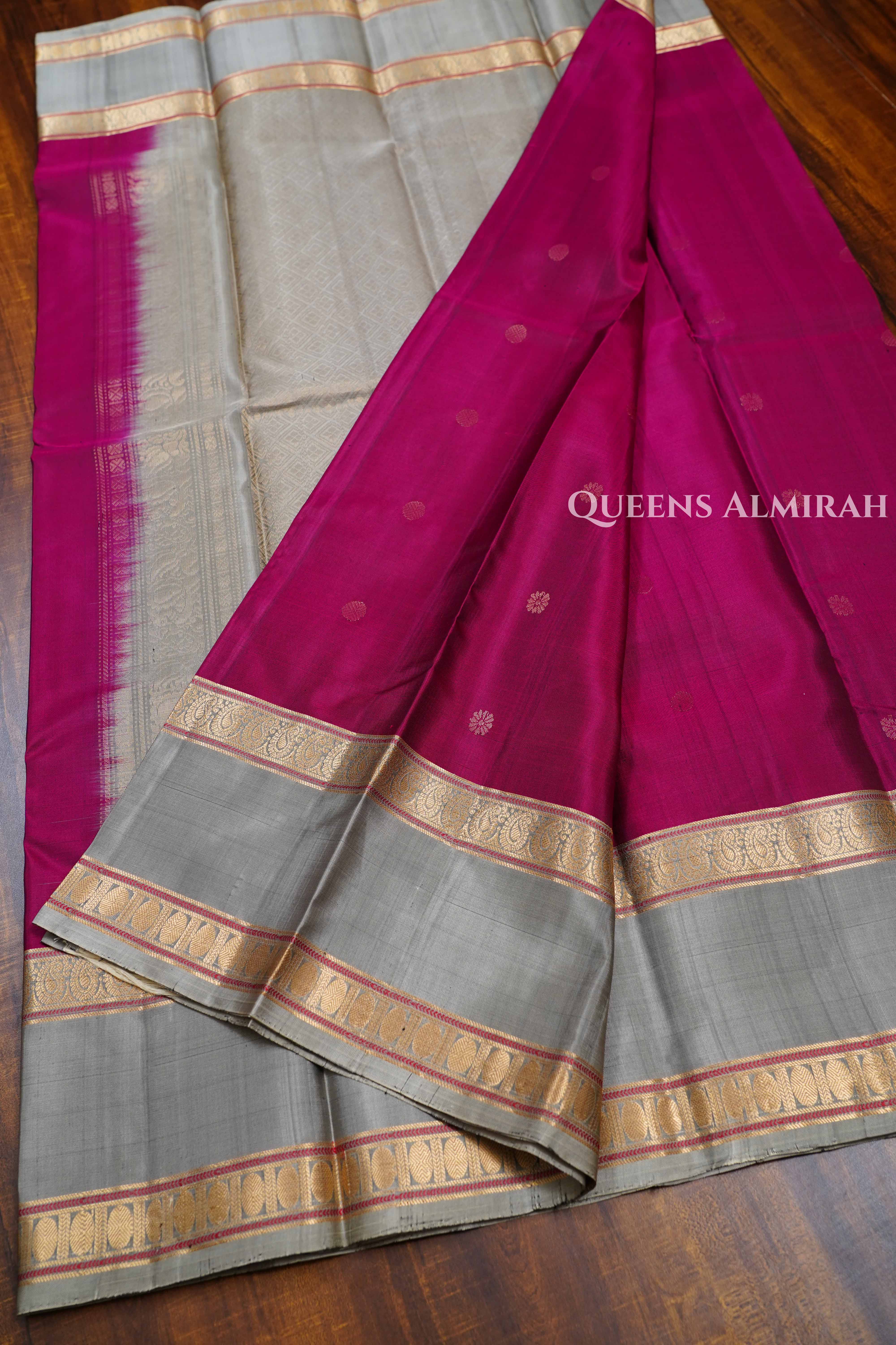 Magenta Pink With Ash Grey Pure Kanchivaram Silk Saree