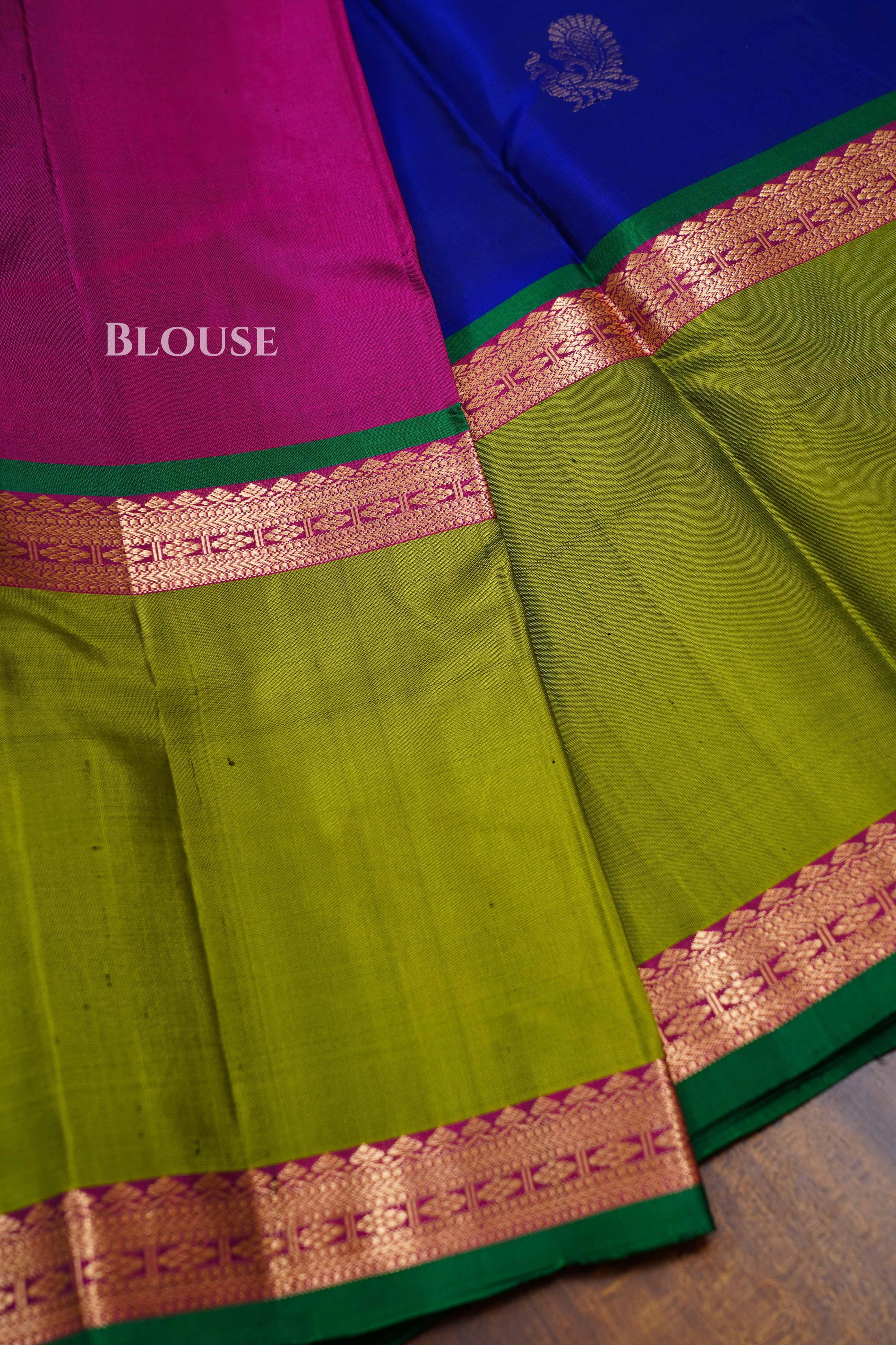 Royal Blue With Parrot Green Pure Kanchivaram Silk Saree