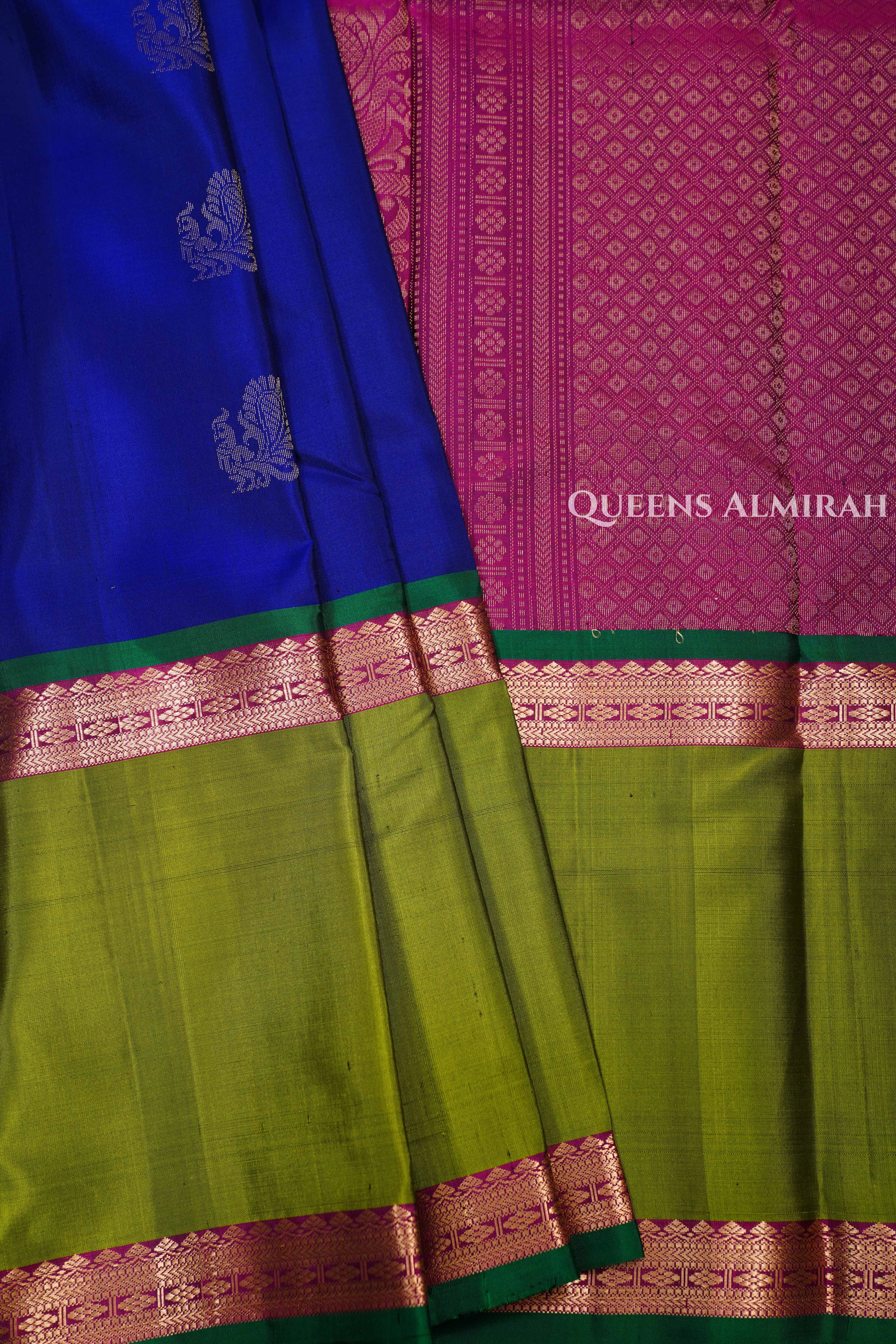 Royal Blue With Parrot Green Pure Kanchivaram Silk Saree