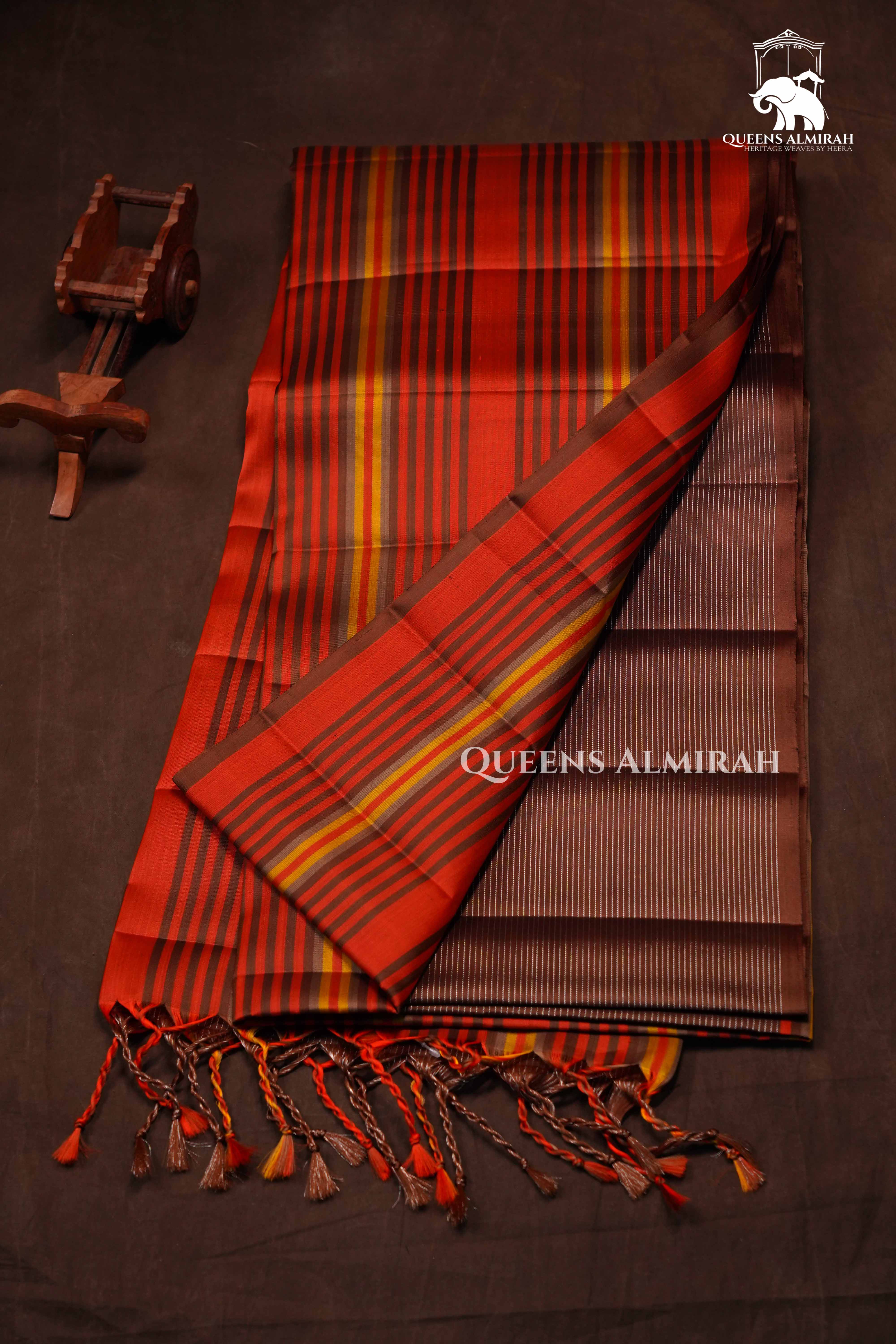 Cocoa Bean With Stripes Pure Soft Silk Saree