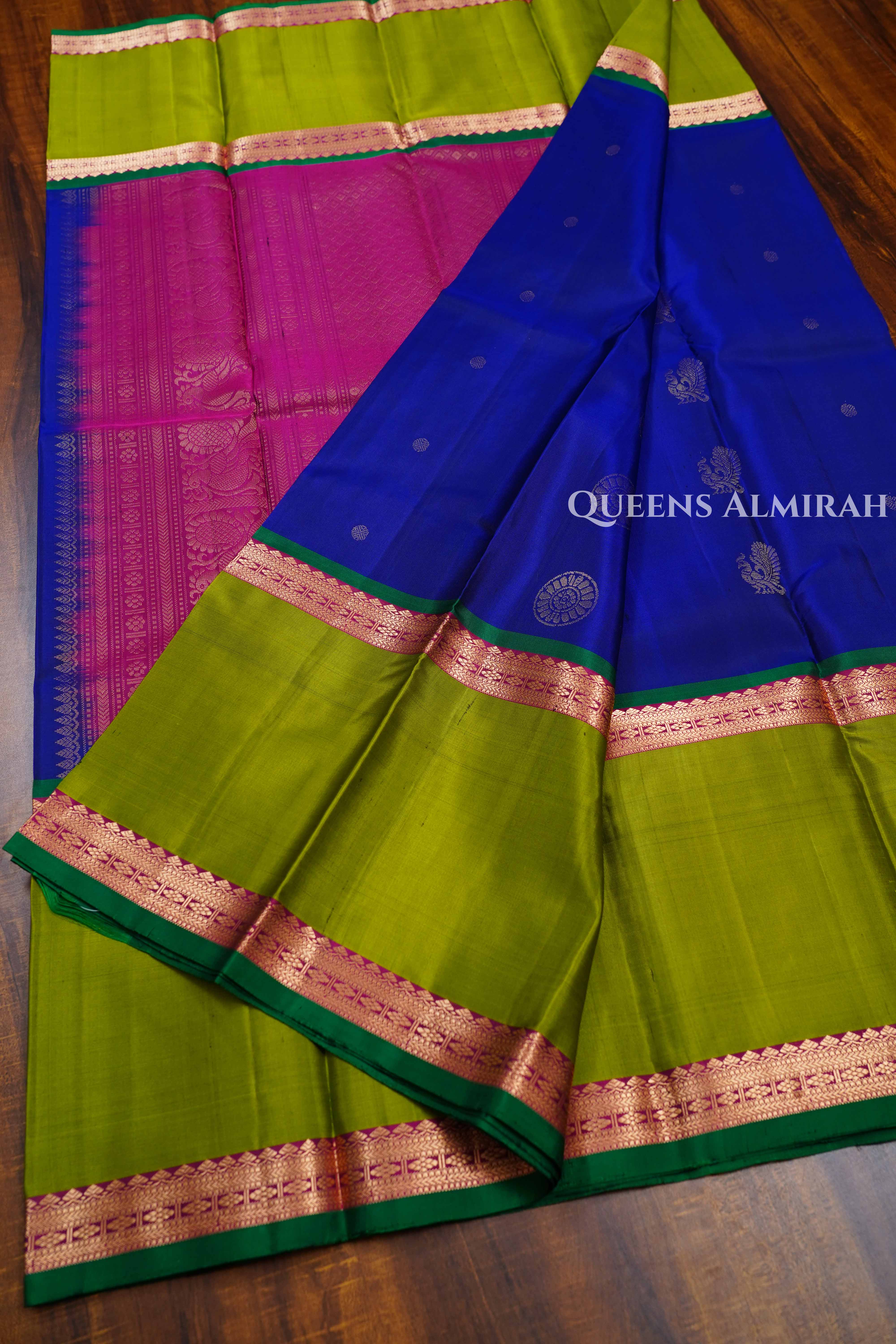 Royal Blue With Parrot Green Pure Kanchivaram Silk Saree