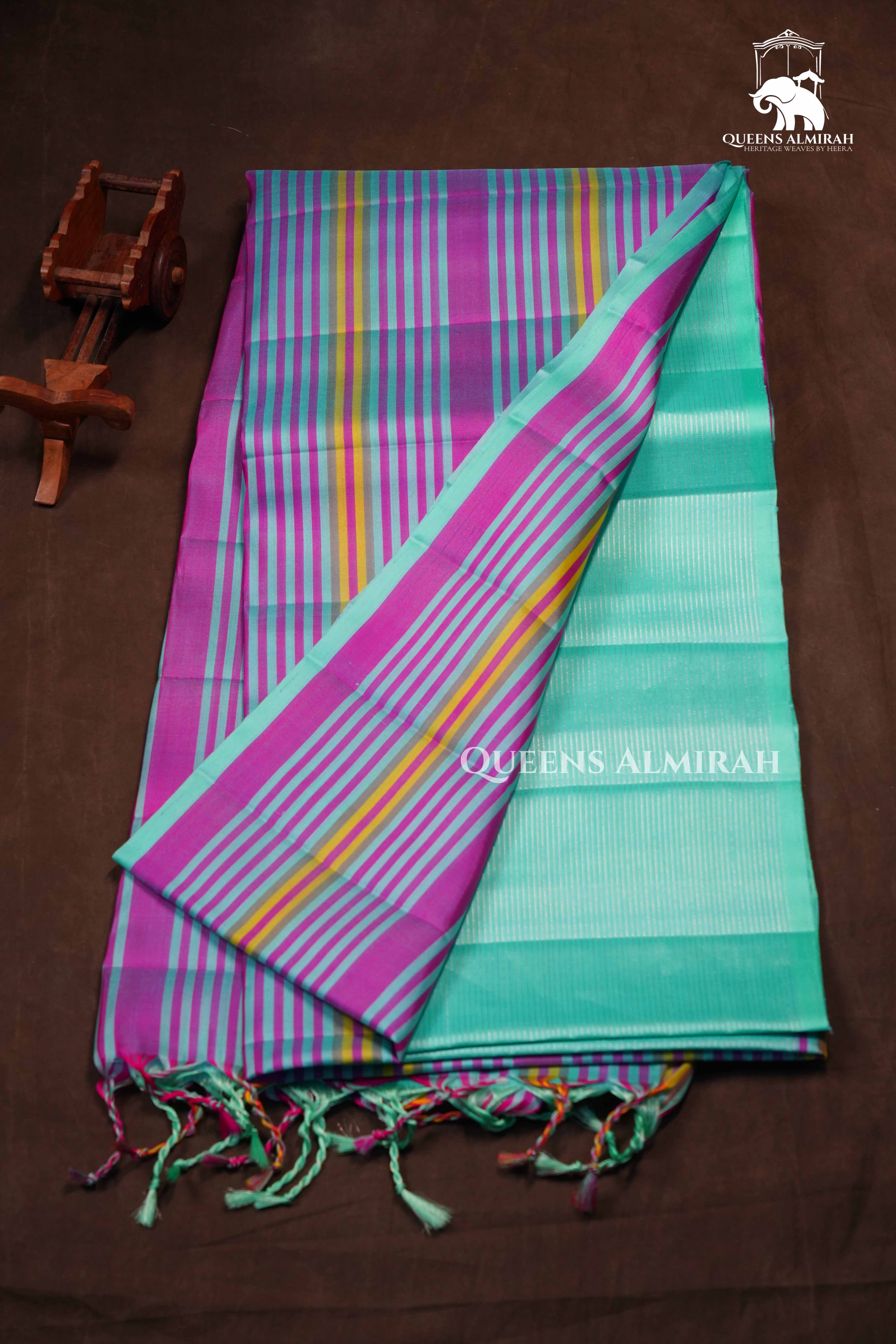 Turquoise Blue With Stripes Pure Soft Silk Saree