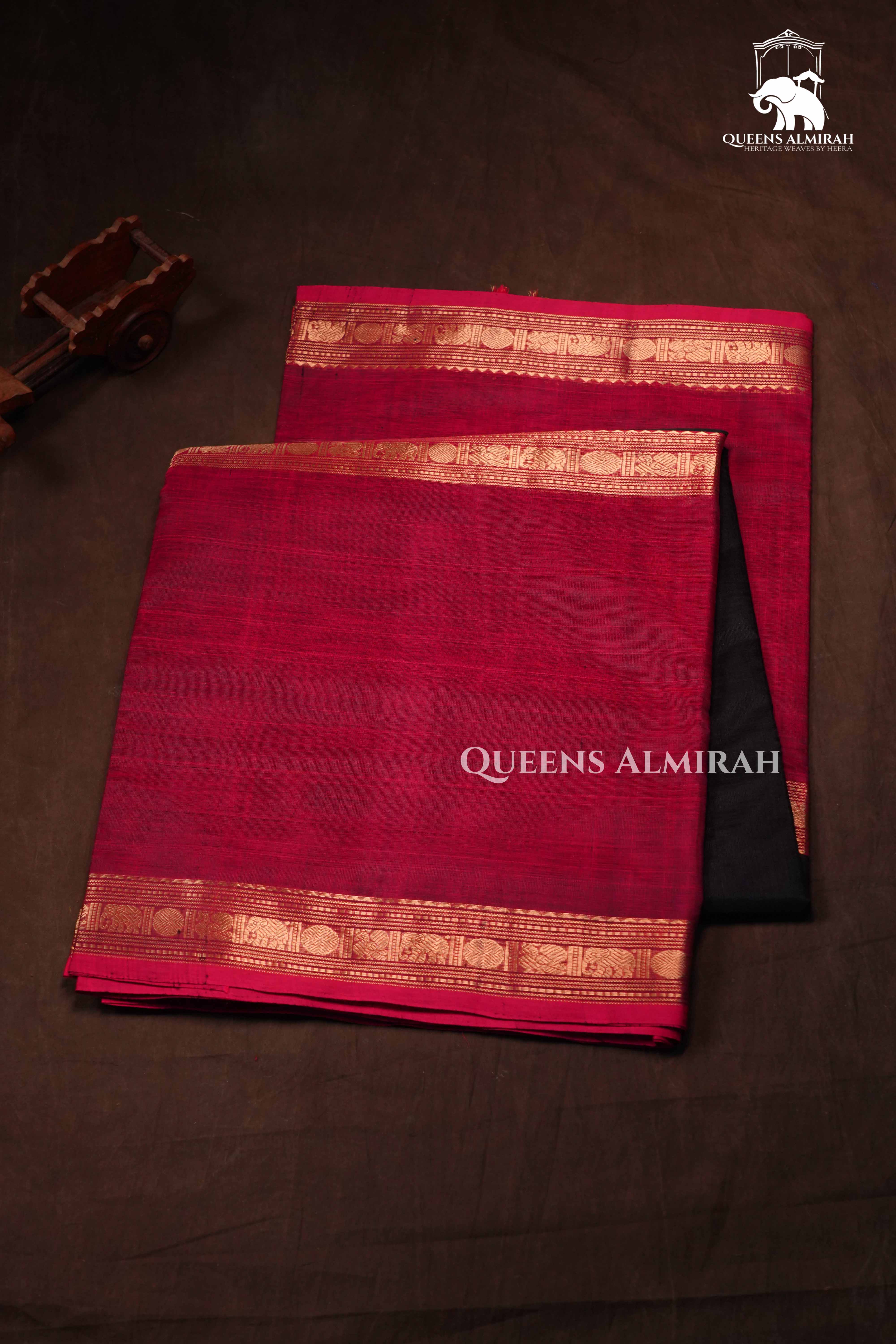 Burgundy With Black Karaikudi Chettinad Silk Cotton Saree