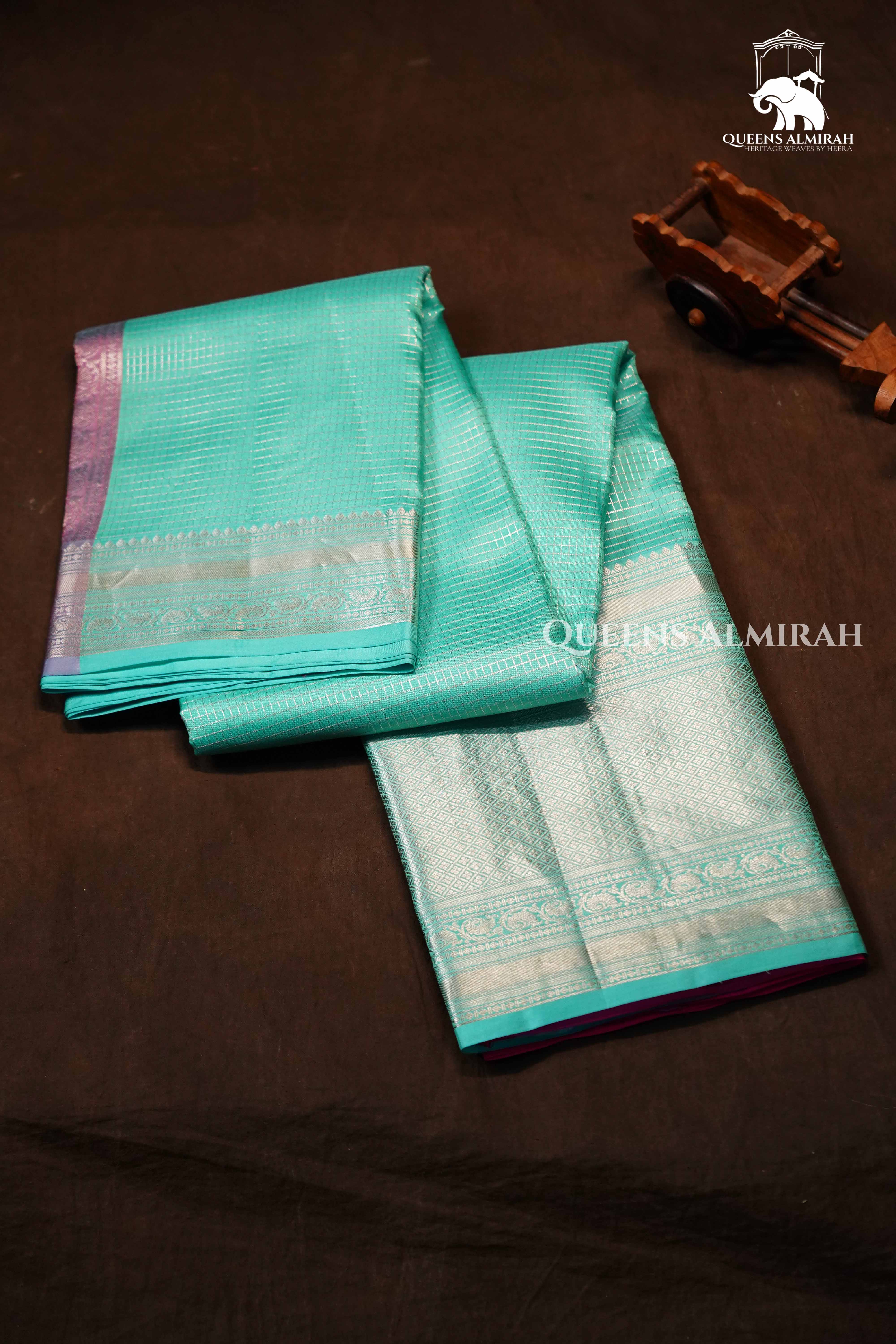Sea Green Blue With Pink Kanchivaram Silk Saree