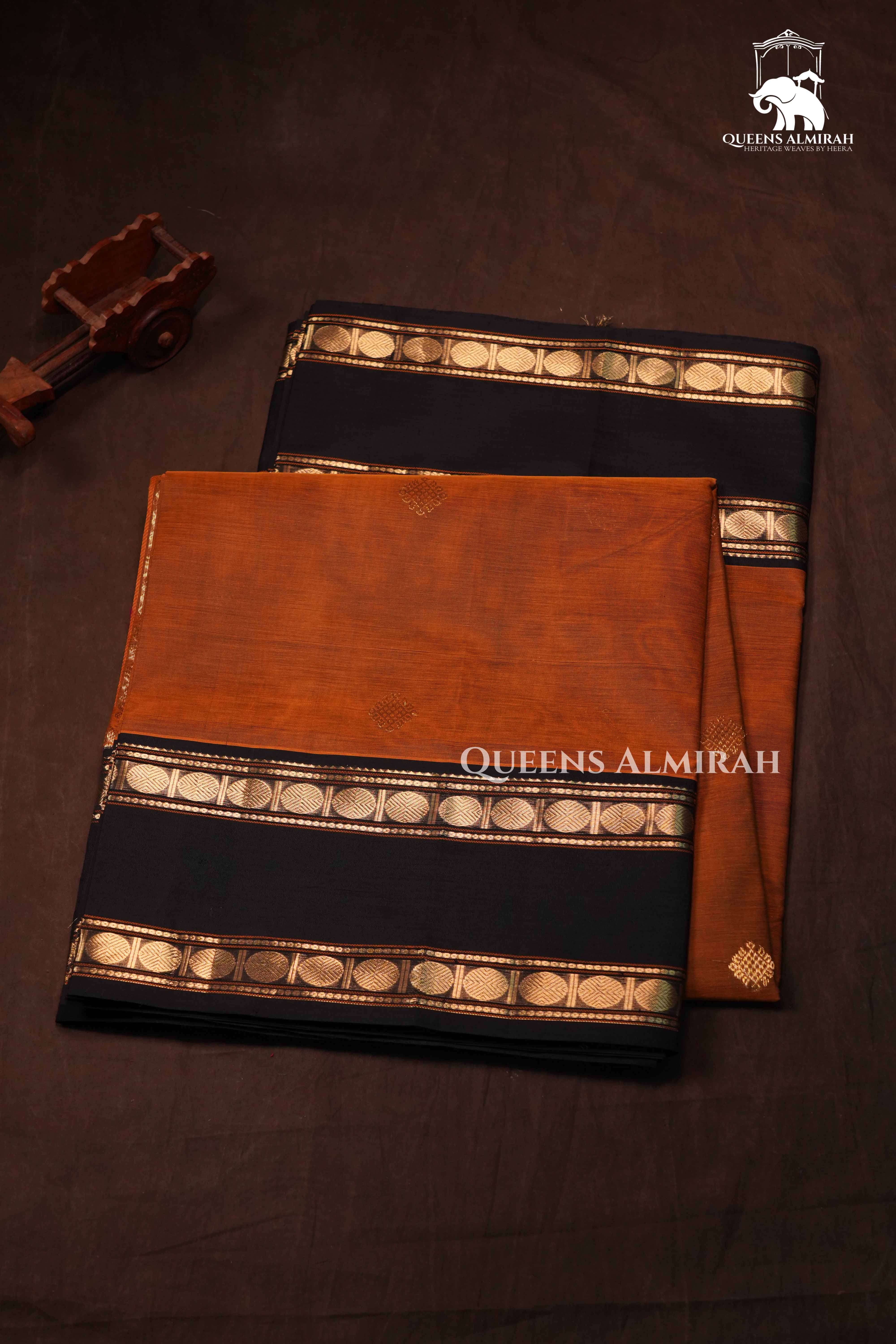 Brown With Black Karaikudi Chettinad Silk Cotton Saree