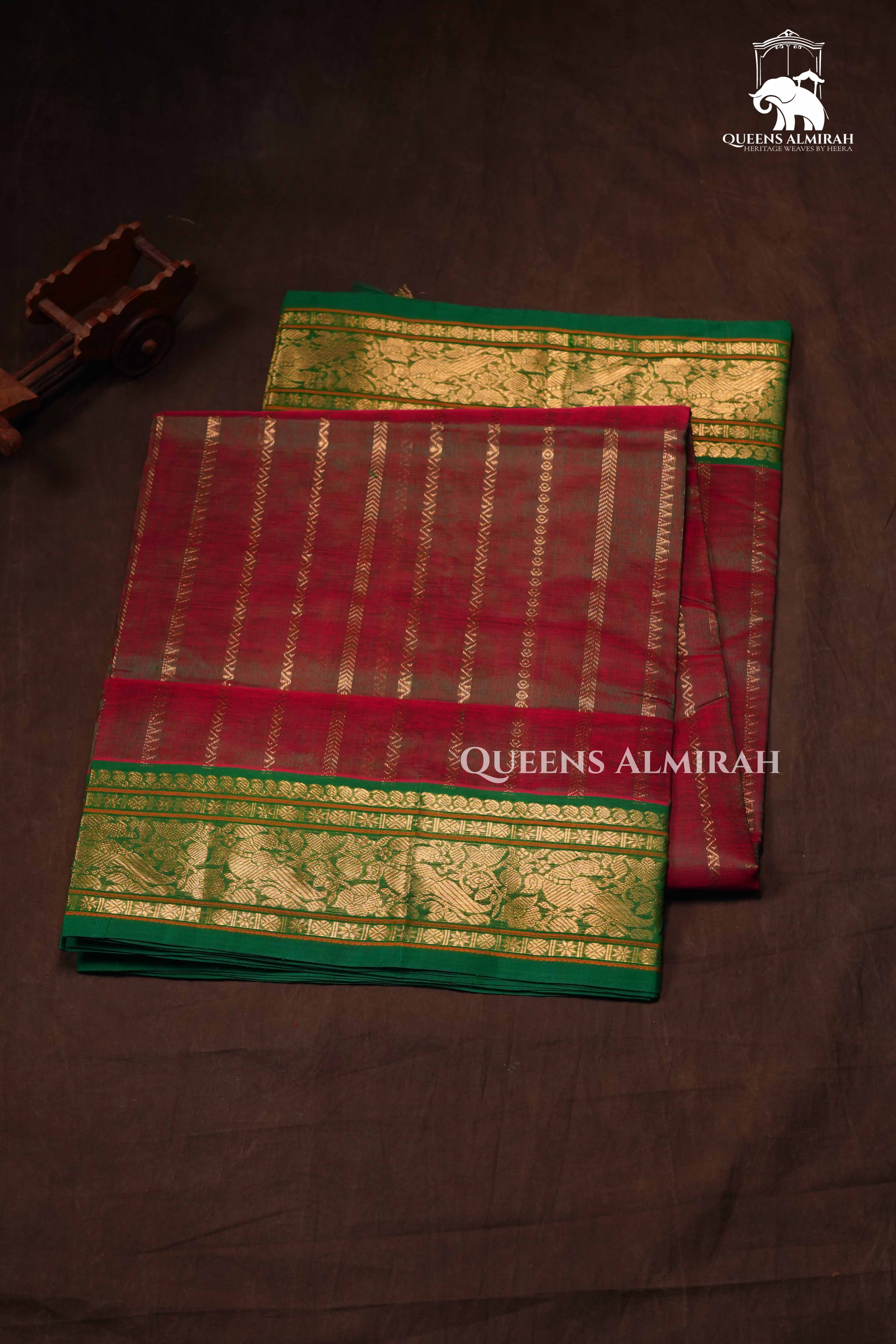 Wine Berry With Green Veldhari Chettinad Silk Cotton Saree