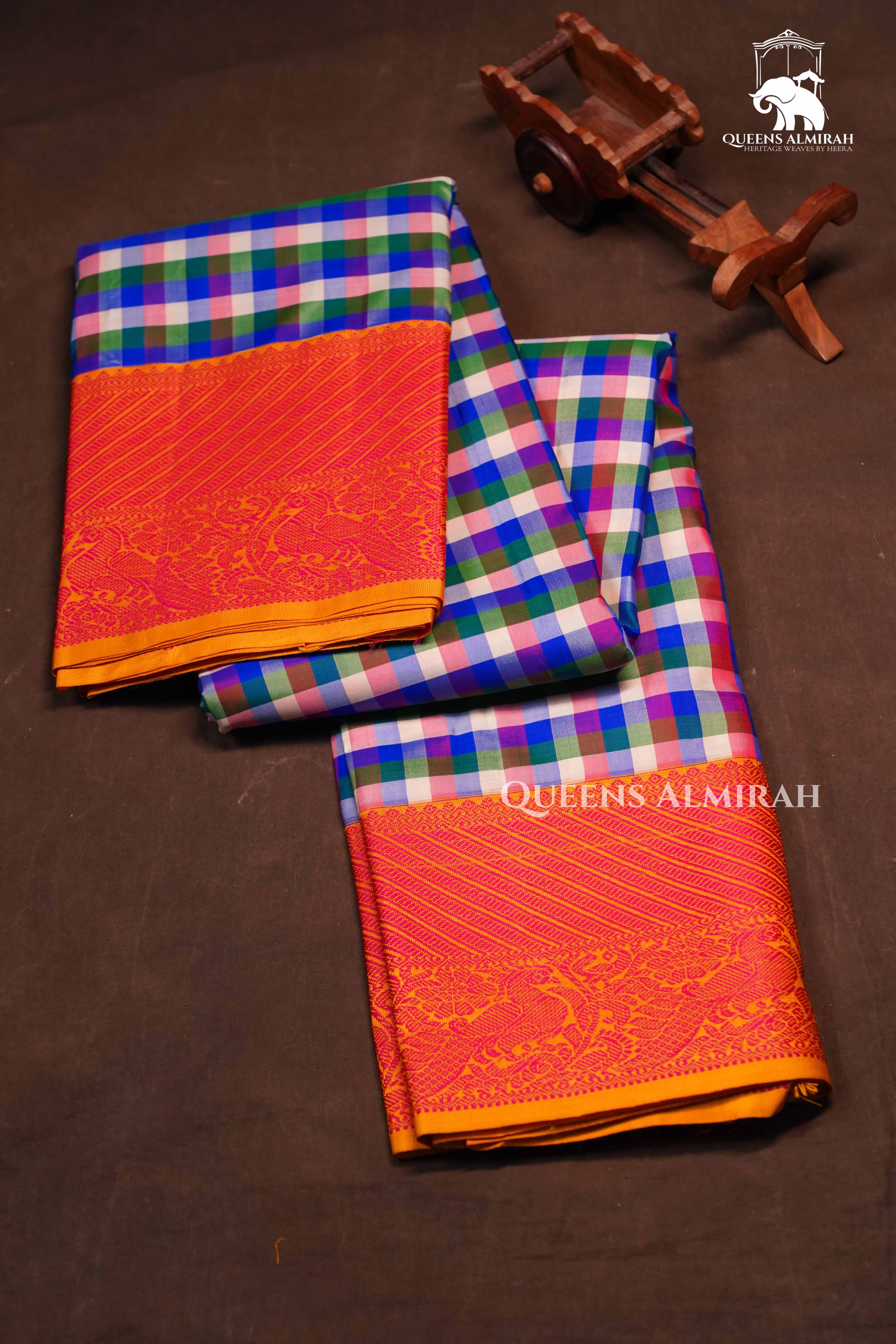 White With Blue Checks Kuravanji Silk Saree