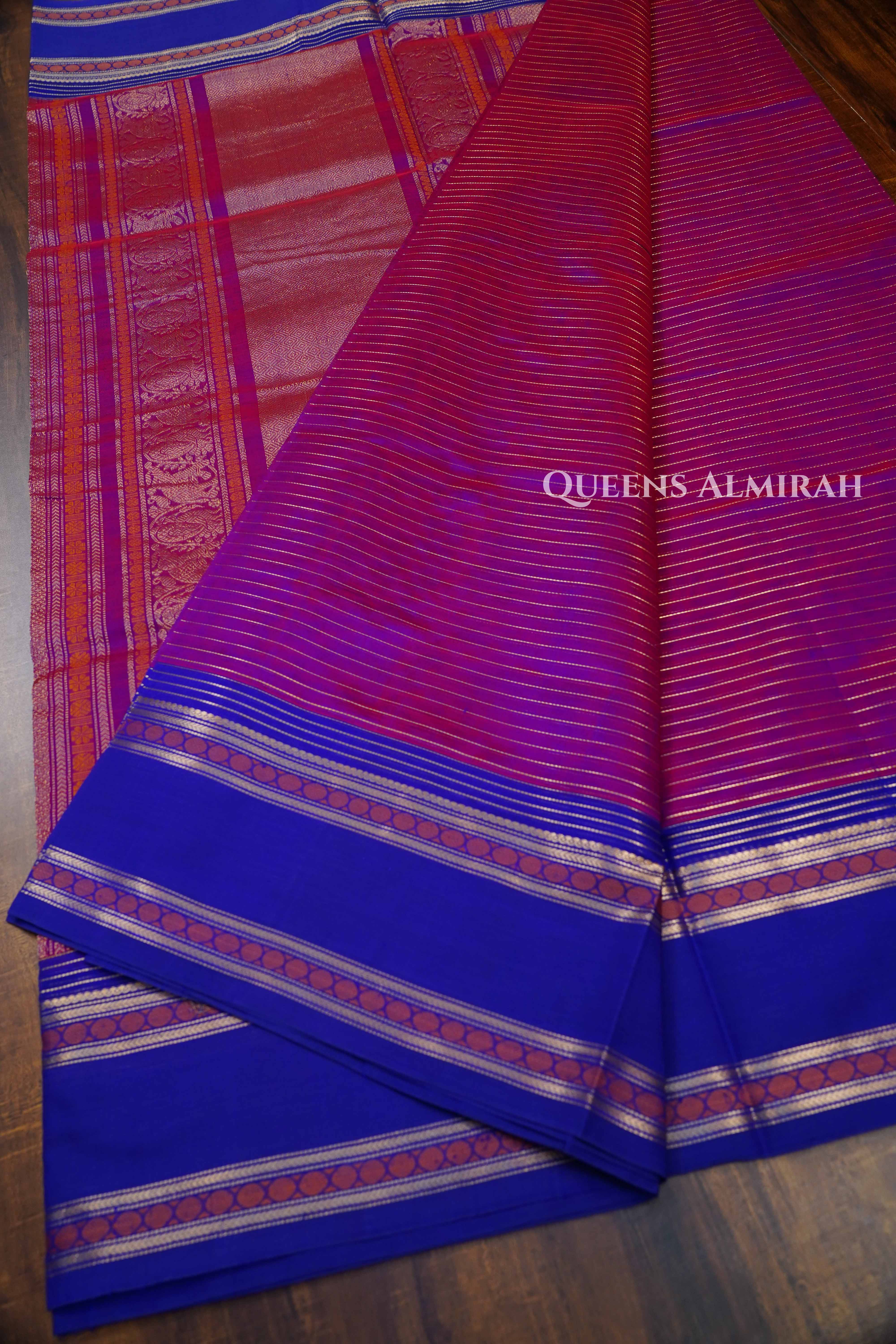 Violet Red With Blue Purple-Karaikudi Chettinad Silk Cotton Saree