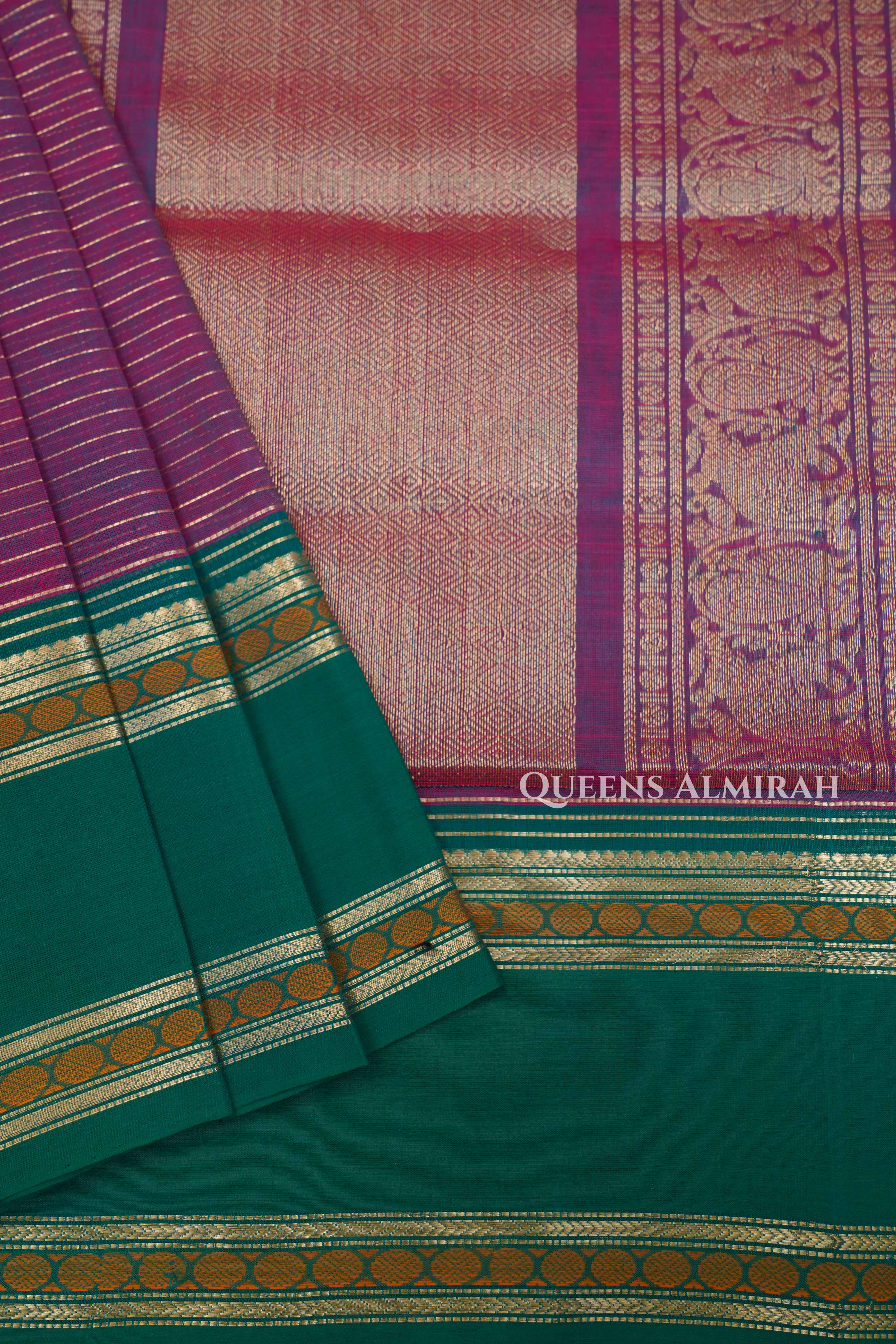 Wine Red With Green Karaikudi Chettinad Silk Cotton Saree