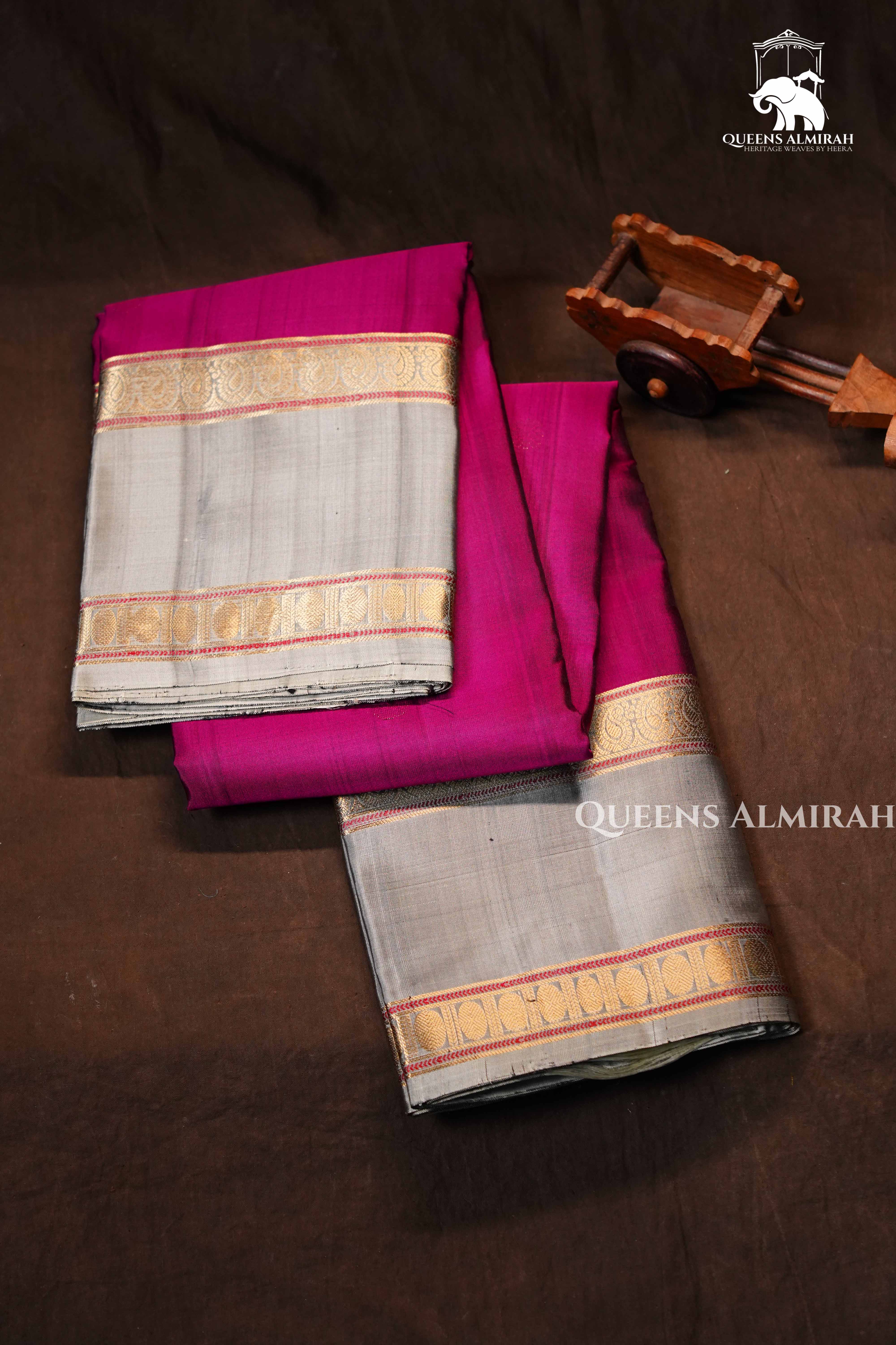 Magenta Pink With Ash Grey Pure Kanchivaram Silk Saree