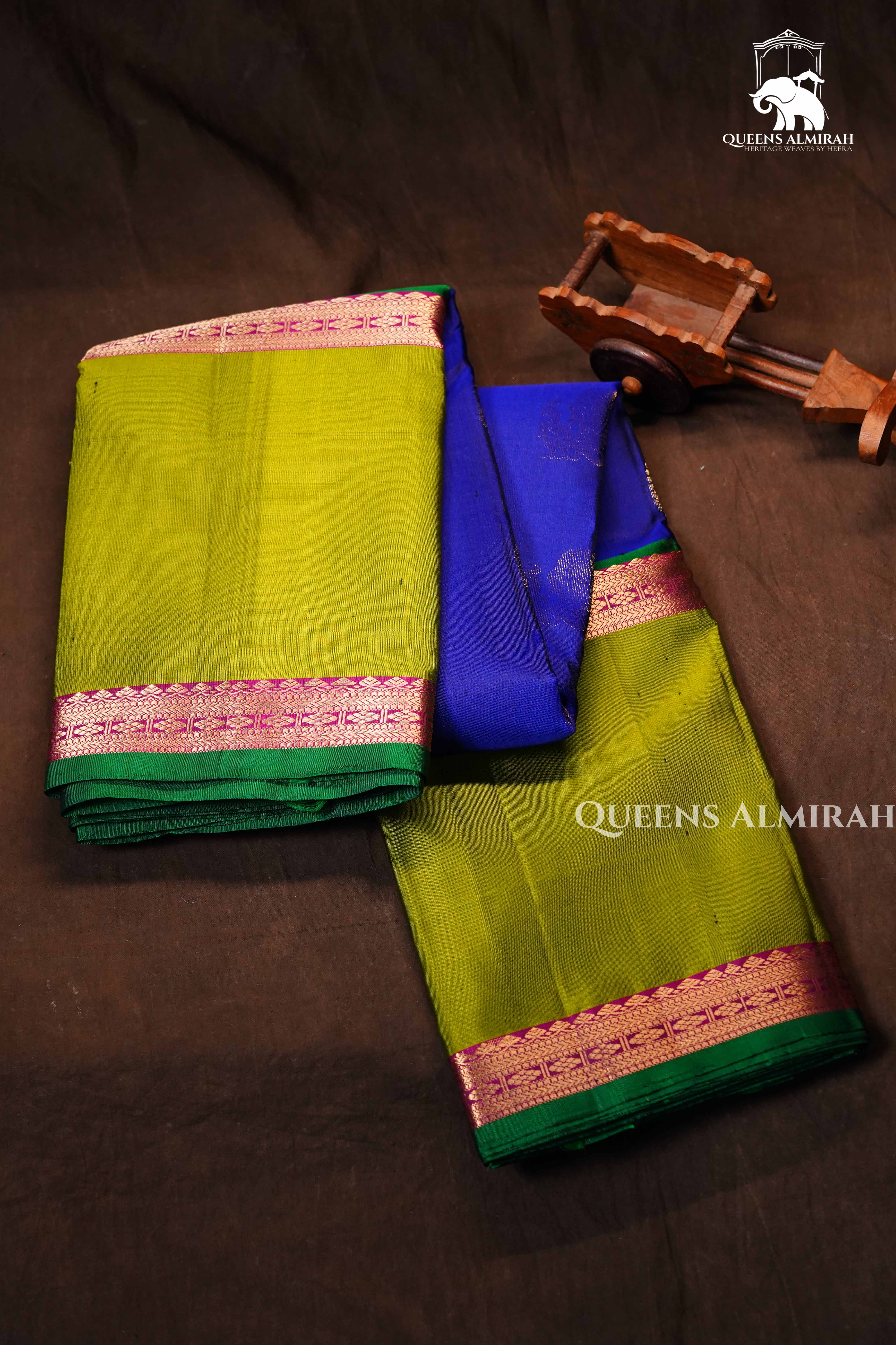 Royal Blue With Parrot Green Pure Kanchivaram Silk Saree