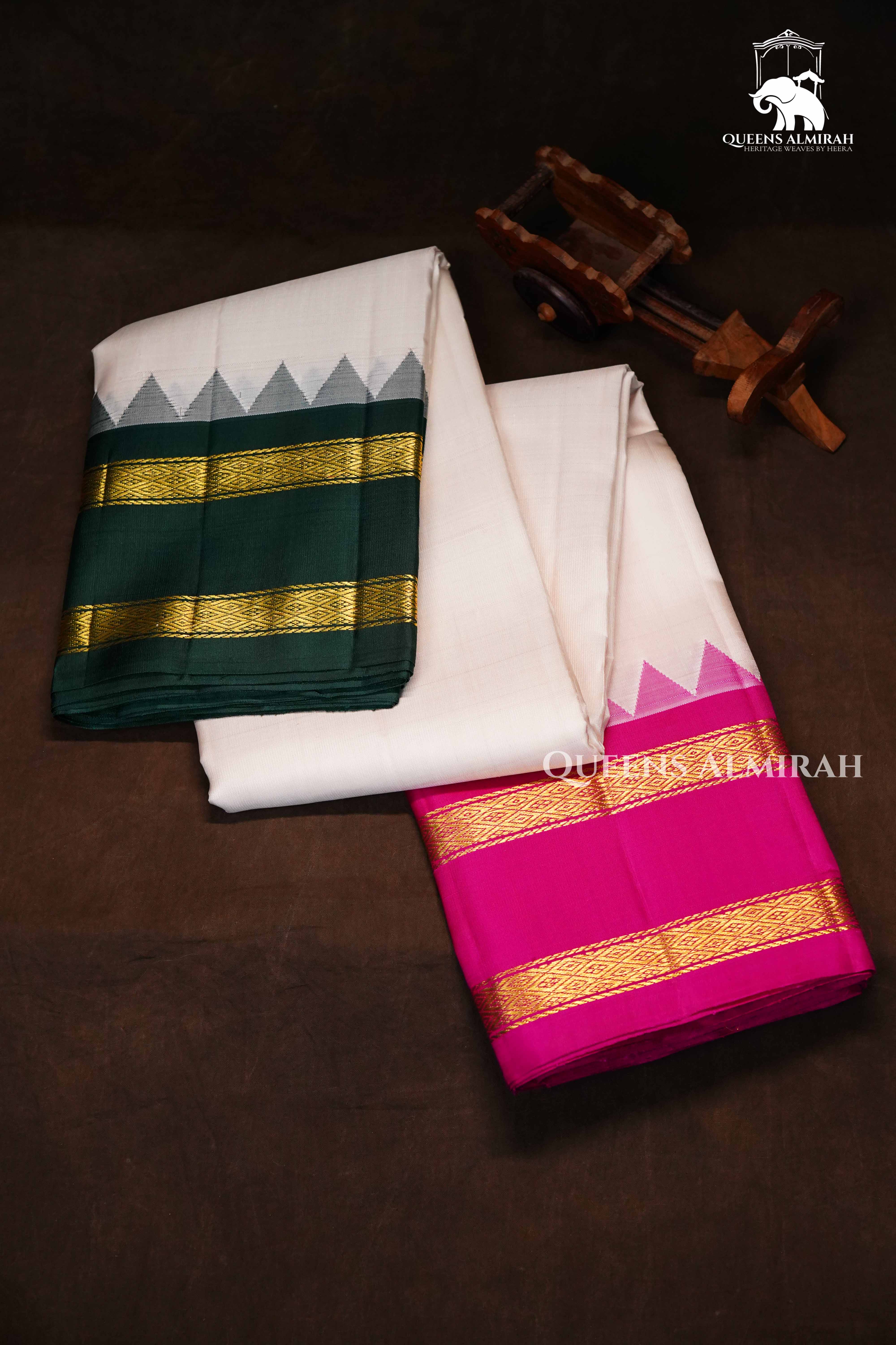 White With Leaf Green And Rasberry Pink Pure Kanchivaram Silk Saree