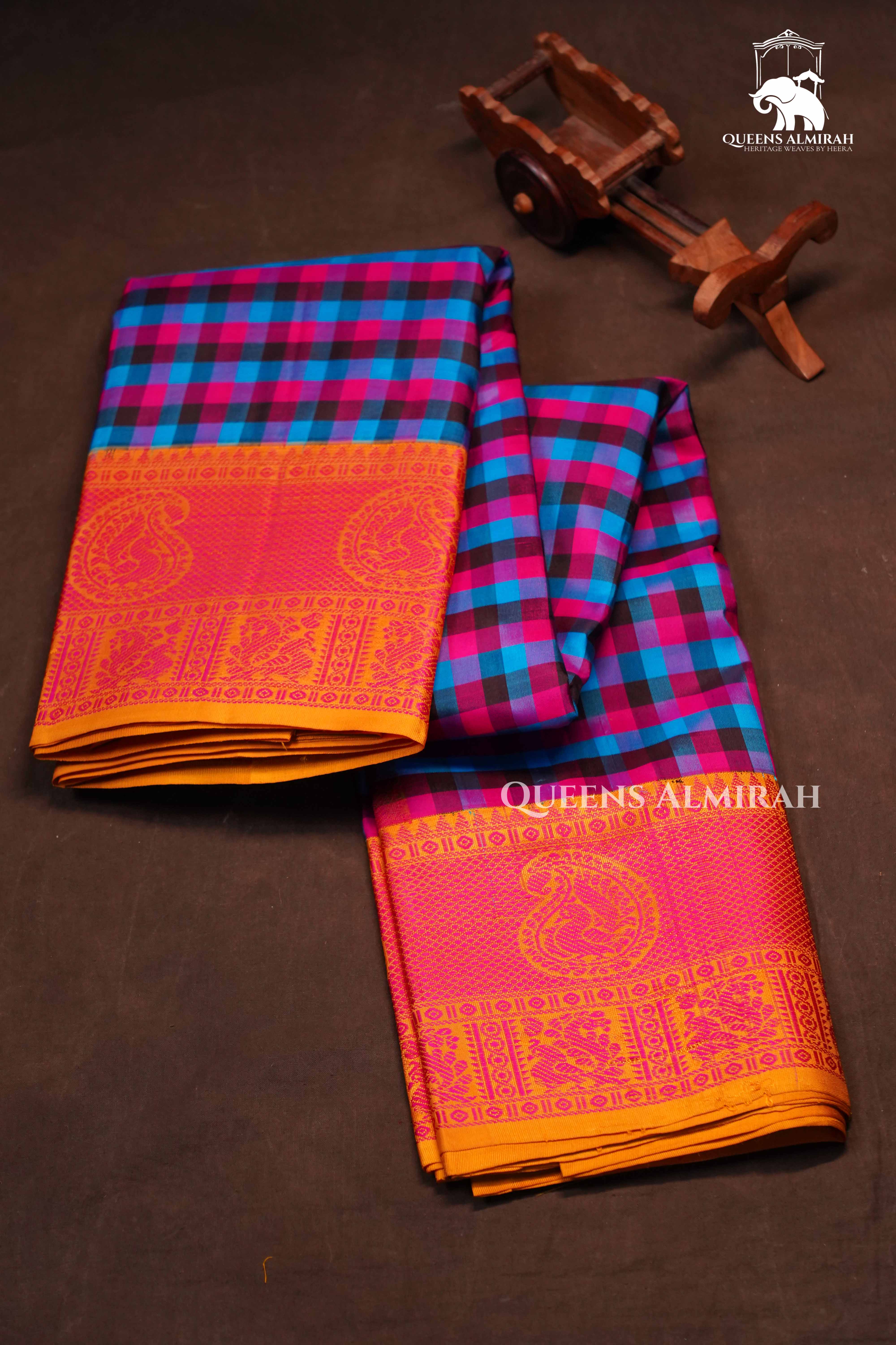 Blue With Pink Checks Kuravanji Silk Saree